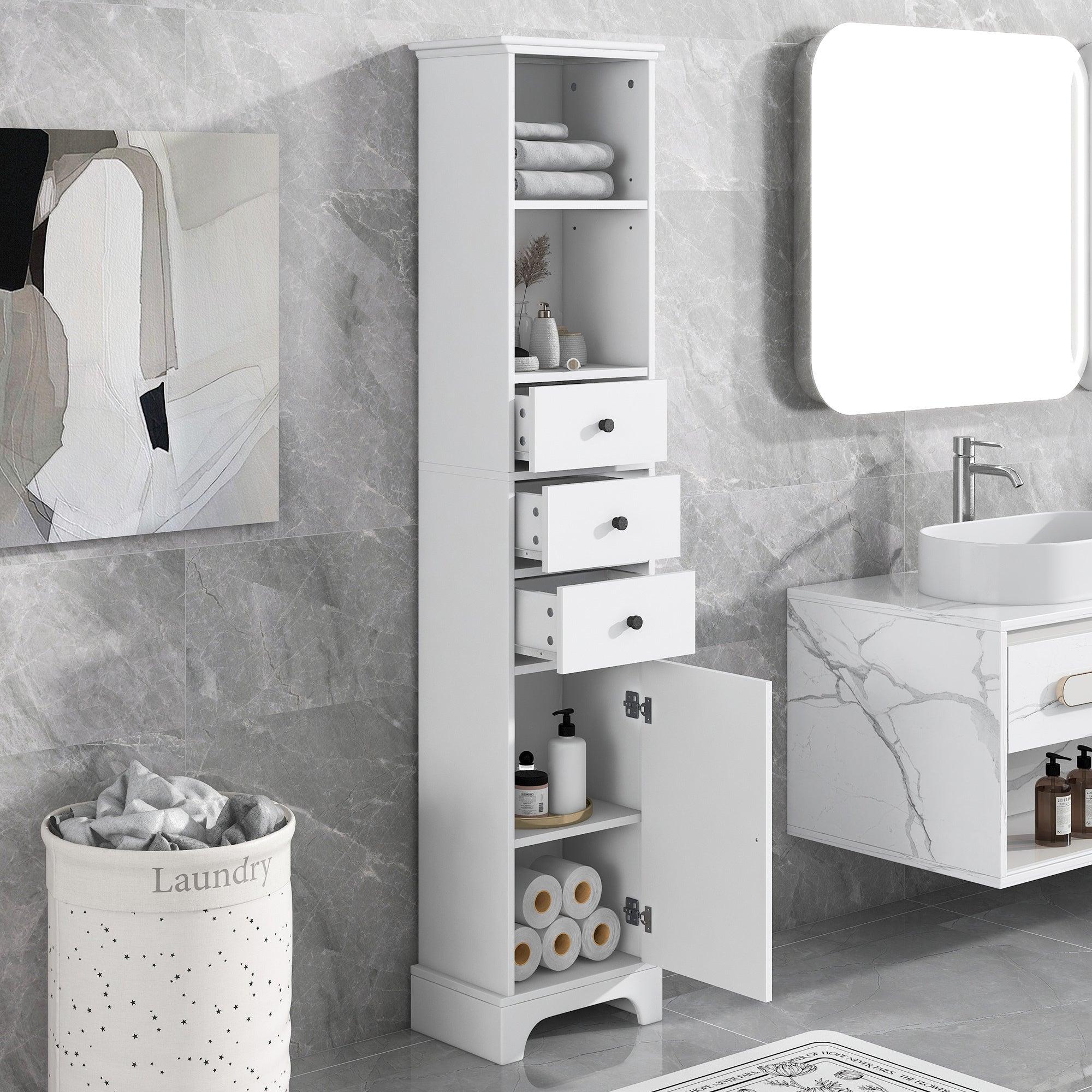 🆓🚛 White Tall Bathroom Cabinet, Freestanding Storage Cabinet With 3 Drawers & Adjustable Shelf, Mdf Board With Painted Finish