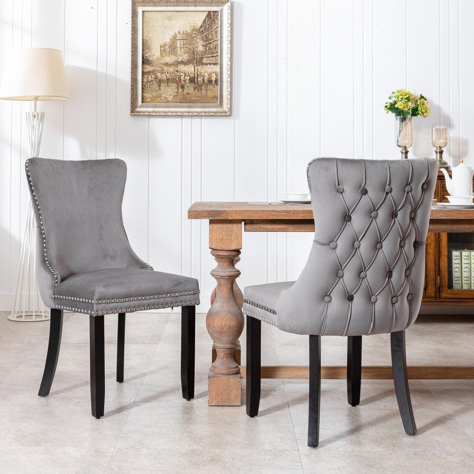 🆓🚛 Upholstered Wing-Back Dining Chair With Backstitching Nailhead Trim & Solid Wood Legs, Set Of 2, Gray
