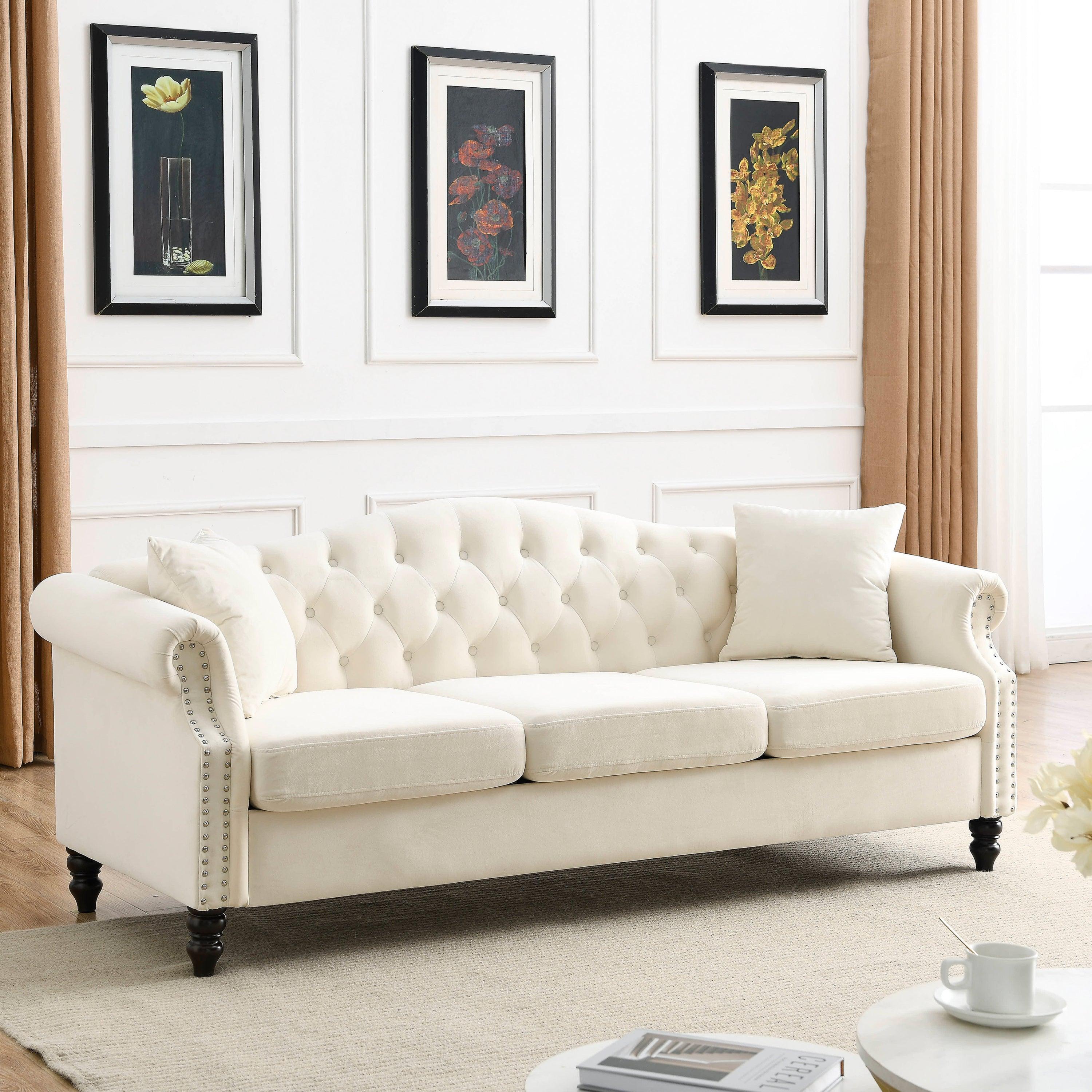 79" Chesterfield Sofa Beige Velvet For Living Room, 3 Seater Sofa Tufted Couch With Rolled Arms And Nailhead For Living Room, Bedroom, Office, Apartment, Two Pillows