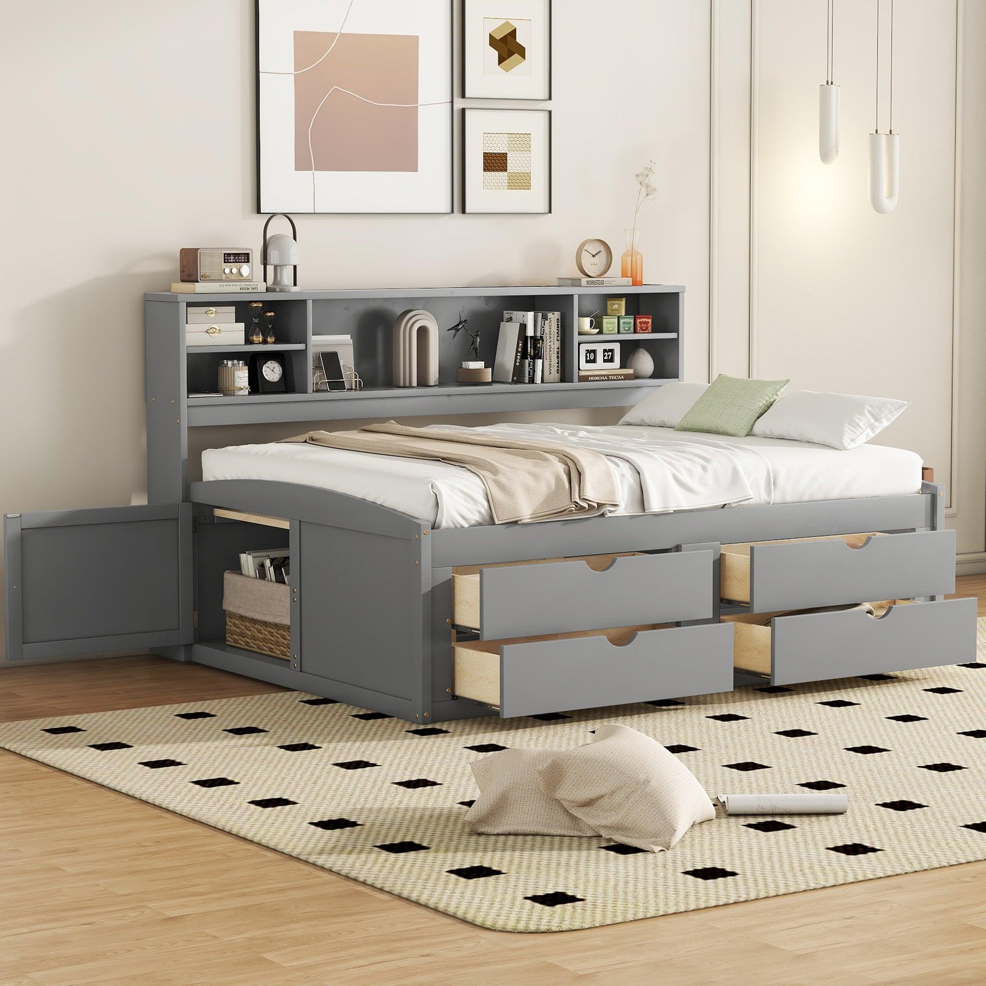 🆓🚛 Full Size Wood Daybed With 2 Bedside Cabinets, Upper Shelves & 4 Drawers, Gray