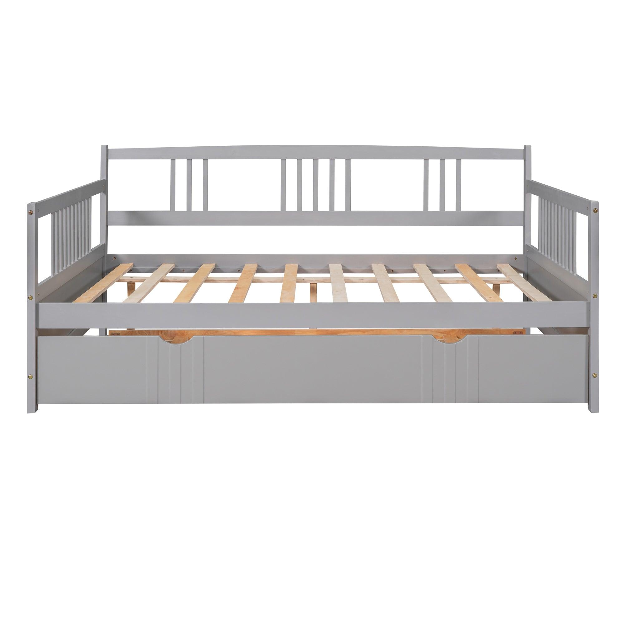 Full Size Daybed Wood Bed With Twin Size Trundle, Gray