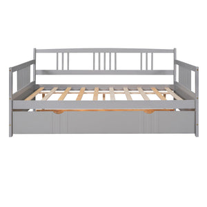 Full Size Daybed Wood Bed With Twin Size Trundle, Gray