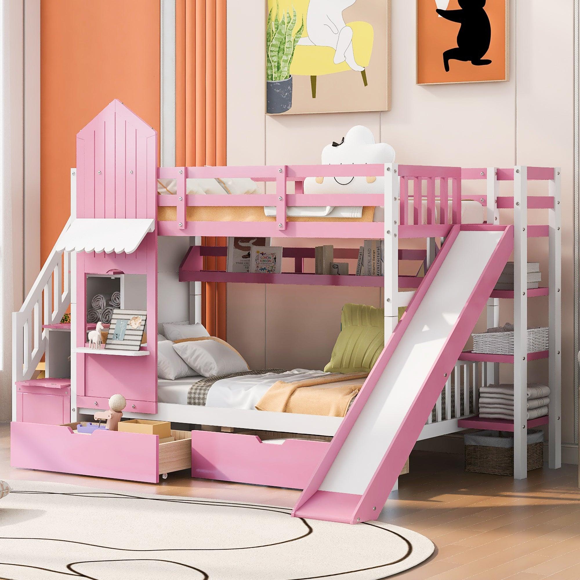 🆓🚛 Twin-Over-Twin Castle Style Bunk Bed With 2 Drawers 3 Shelves & Slide - Pink