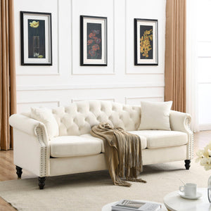 79" Chesterfield Sofa Beige Velvet For Living Room, 3 Seater Sofa Tufted Couch With Rolled Arms And Nailhead For Living Room, Bedroom, Office, Apartment, Two Pillows