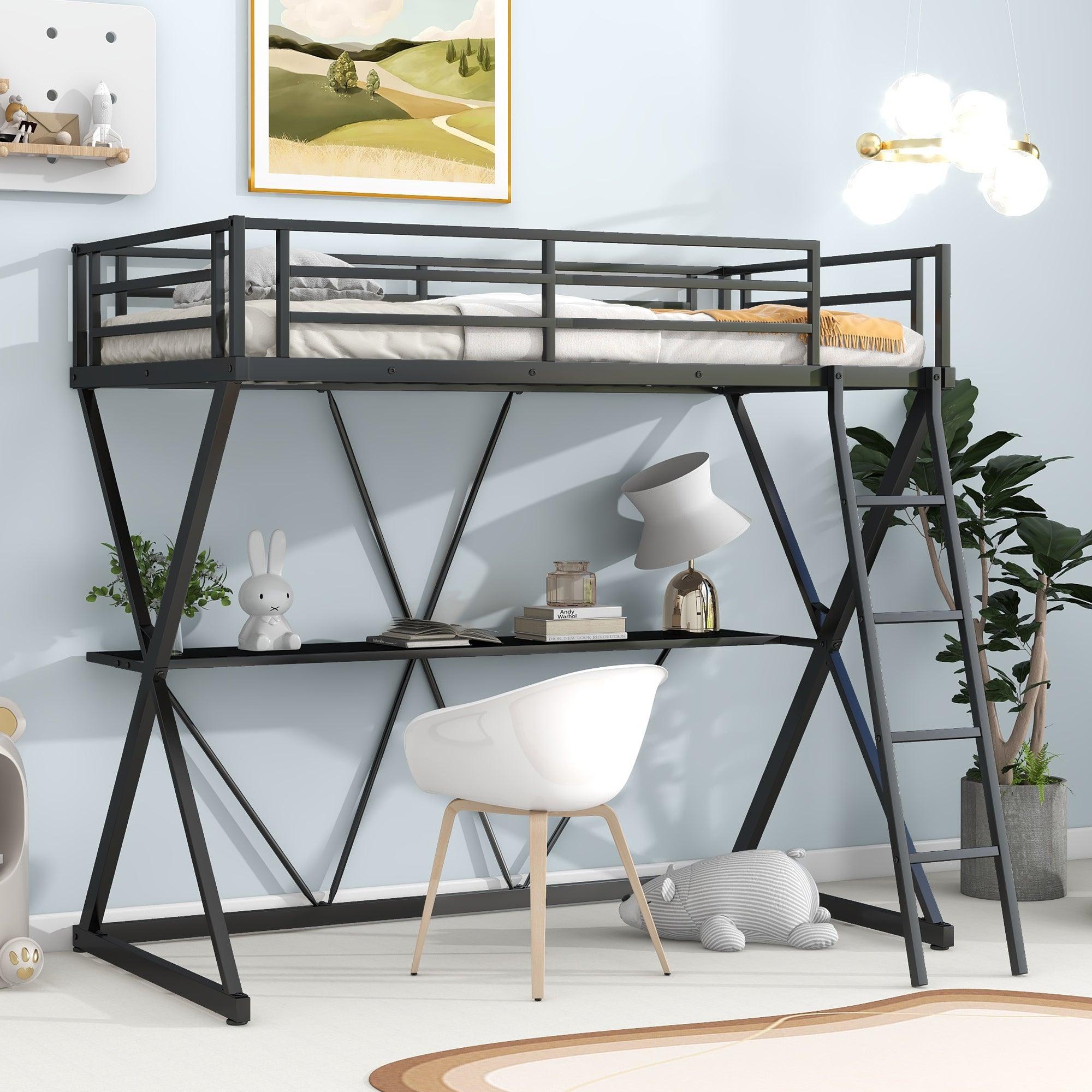 🆓🚛 Twin Size Loft Bed With Desk, Ladder & Full-Length Guardrails, X-Shaped Frame, Black