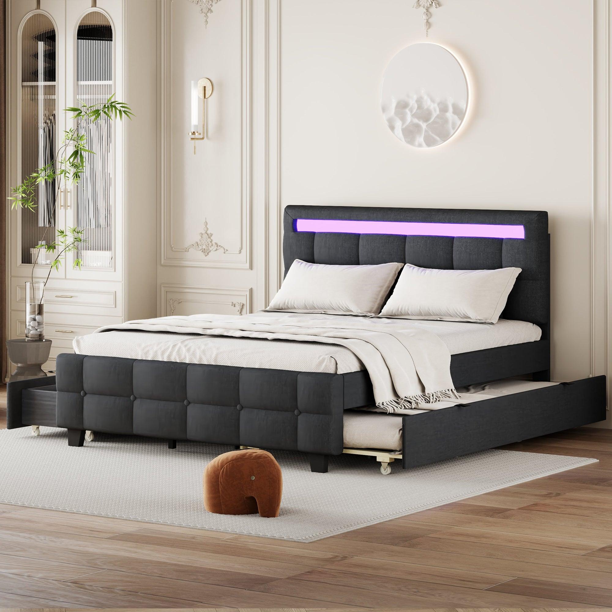 🆓🚛 Queen Size Upholstered Platform Bed With Led Frame, With Twin Xl Size Trundle & 2 Drawers, Linen Fabric, Gray