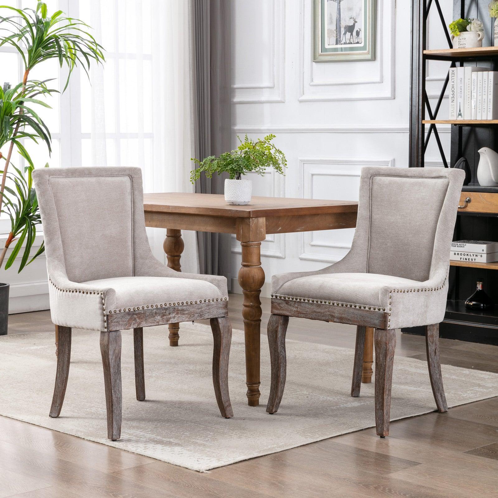 🆓🚛 Ultra Side Dining Chair，Thickened Fabric Chairs With Neutrally Toned Solid Wood Legs， Bronze Nail Head，Set Of 2，Beige