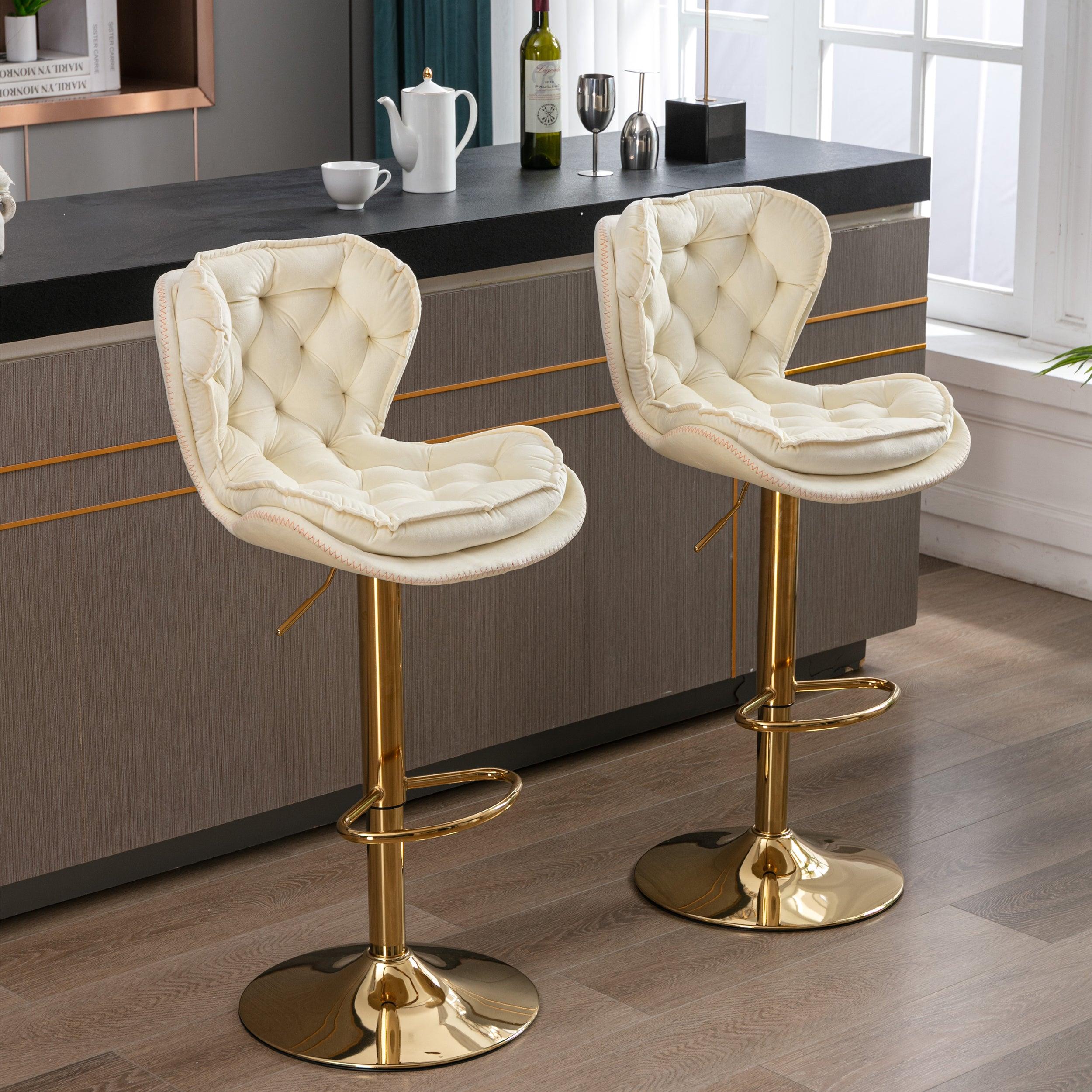 🆓🚛 Set Of 2 Bar Stools, With Chrome Footrest & Base Swivel Height Adjustable Mechanical Lifting Velvet + Golden Leg Simple Bar Stool-Cream