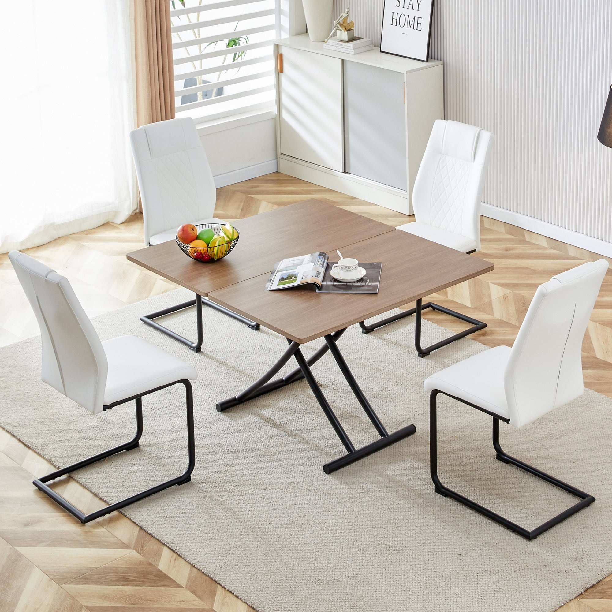 🆓🚛 Table & Chair Set, Modern Minimalist Multifunctional Folding Table, 4 Faux Leather Upholstered Dining Chairs, White