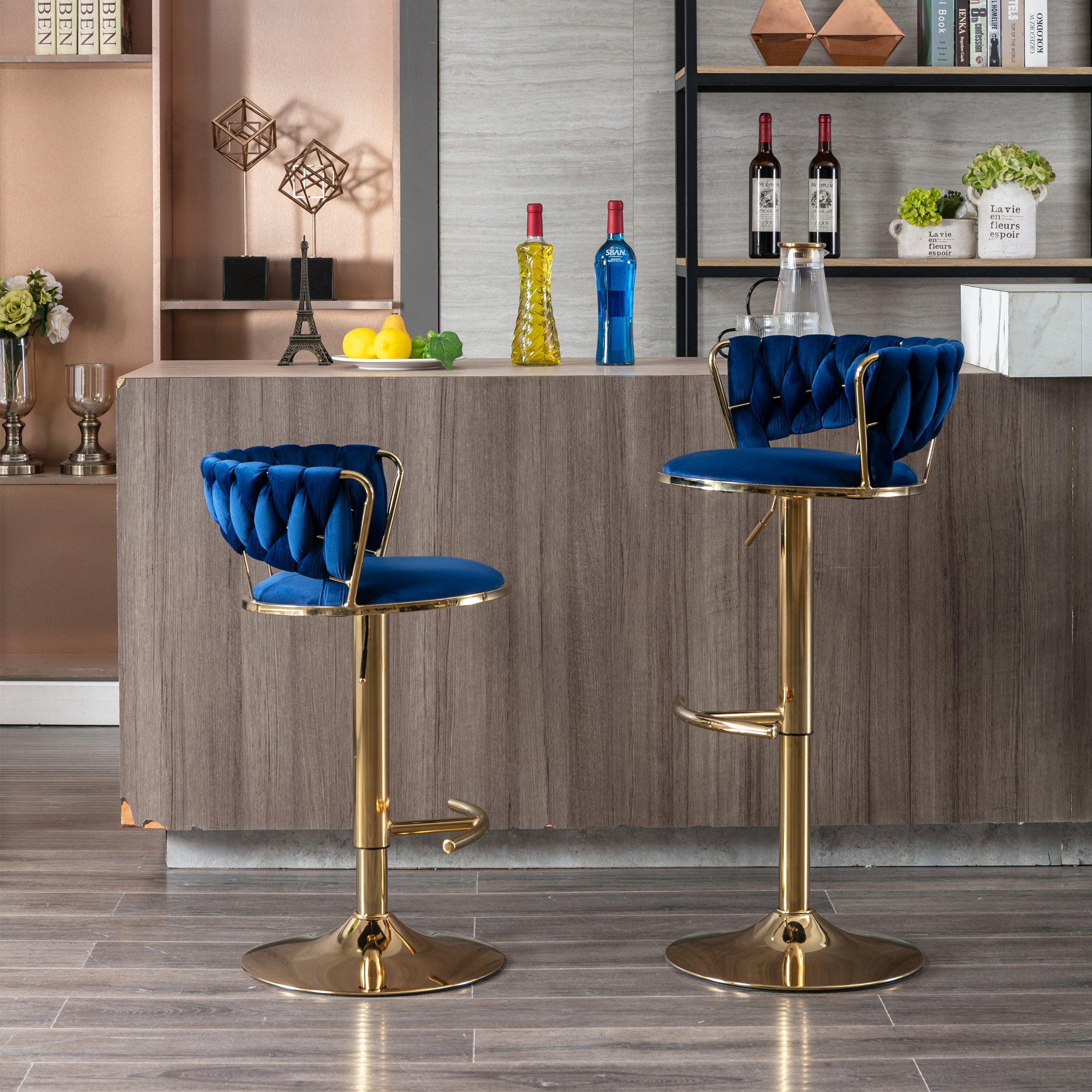 Set Of 2 Bar Stools, With Chrome Footrest & Base Swivel Height Adjustable Mechanical Lifting Velvet + Golden Leg Simple Bar Stool-Blue