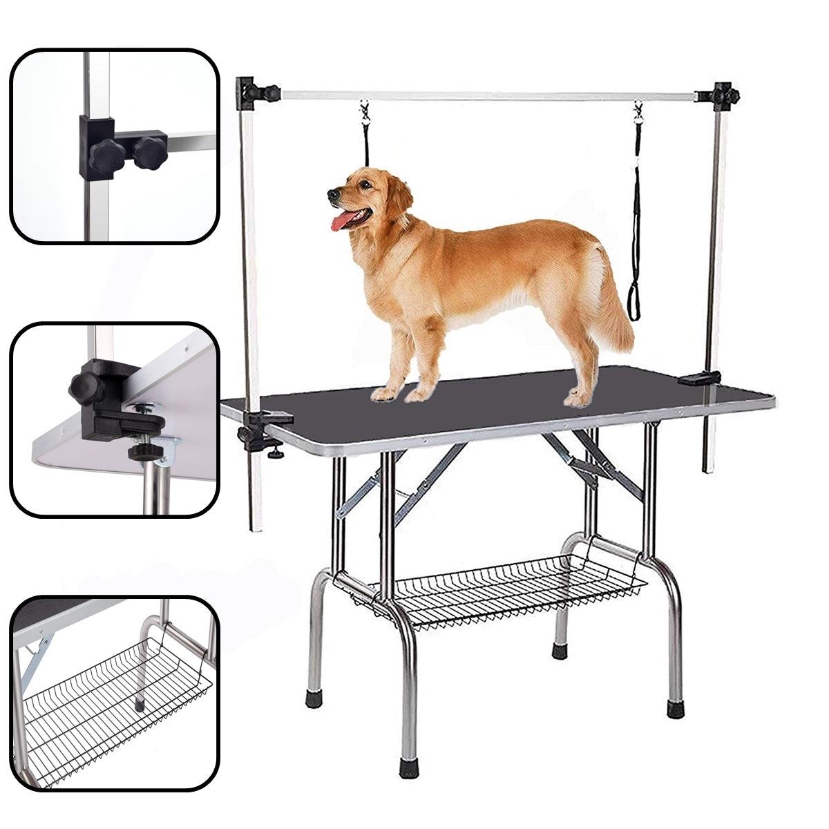 Folding Pet Grooming Table Stainless Legs and Arms Black Rubber Top Storage Basket