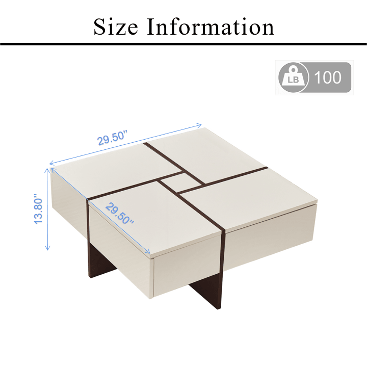 🆓🚛 Modern Style Square Coffee Table With 4 Drawers - White & Walnut, Particle Board