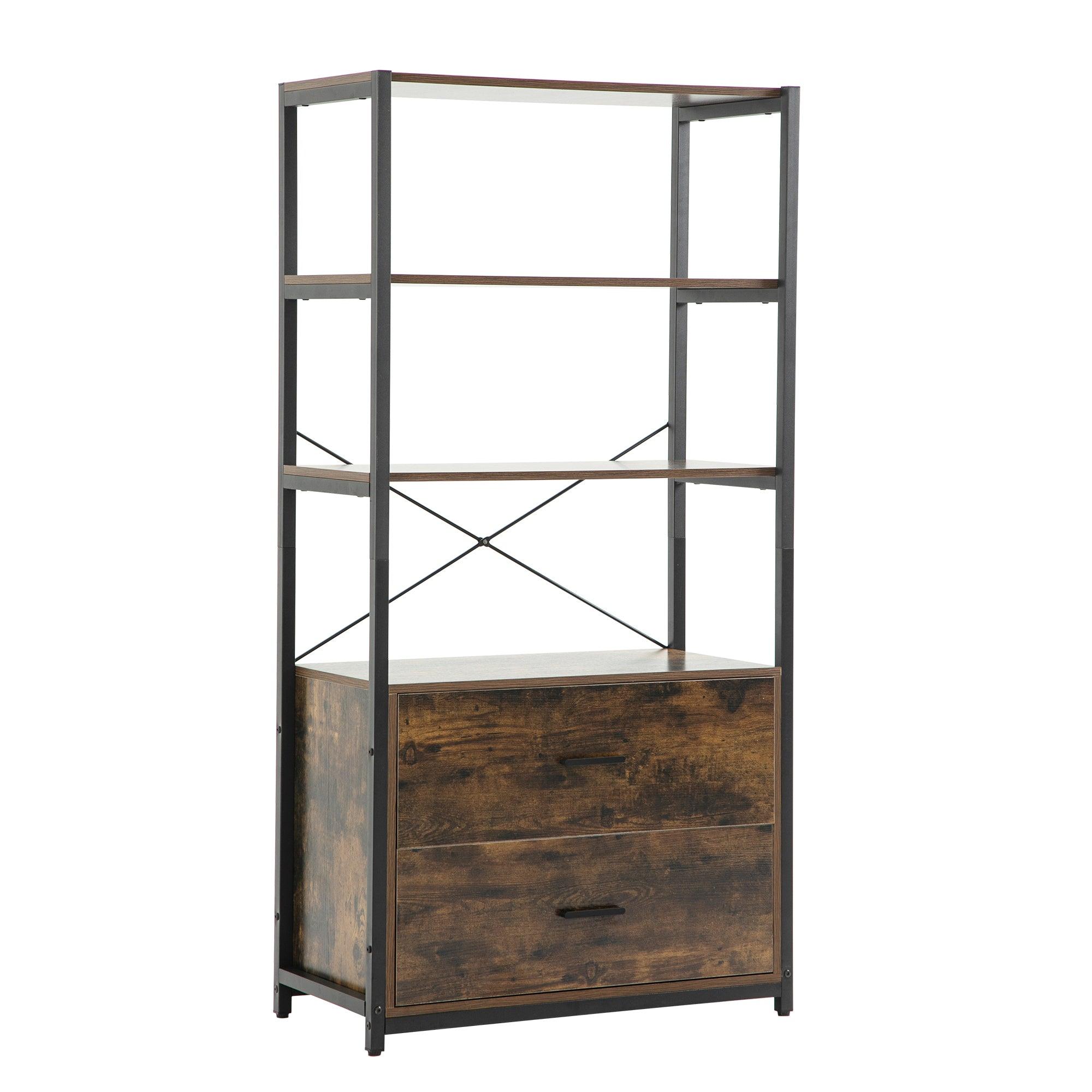 🆓🚛 Industrial Bookcase With File Cabinet Drawers, 62.7 in Tall Bookshelf 4 Tier, Freestanding Storage Home Office Cabinet Organizer, Rustic Home Decor, Vintage Brown