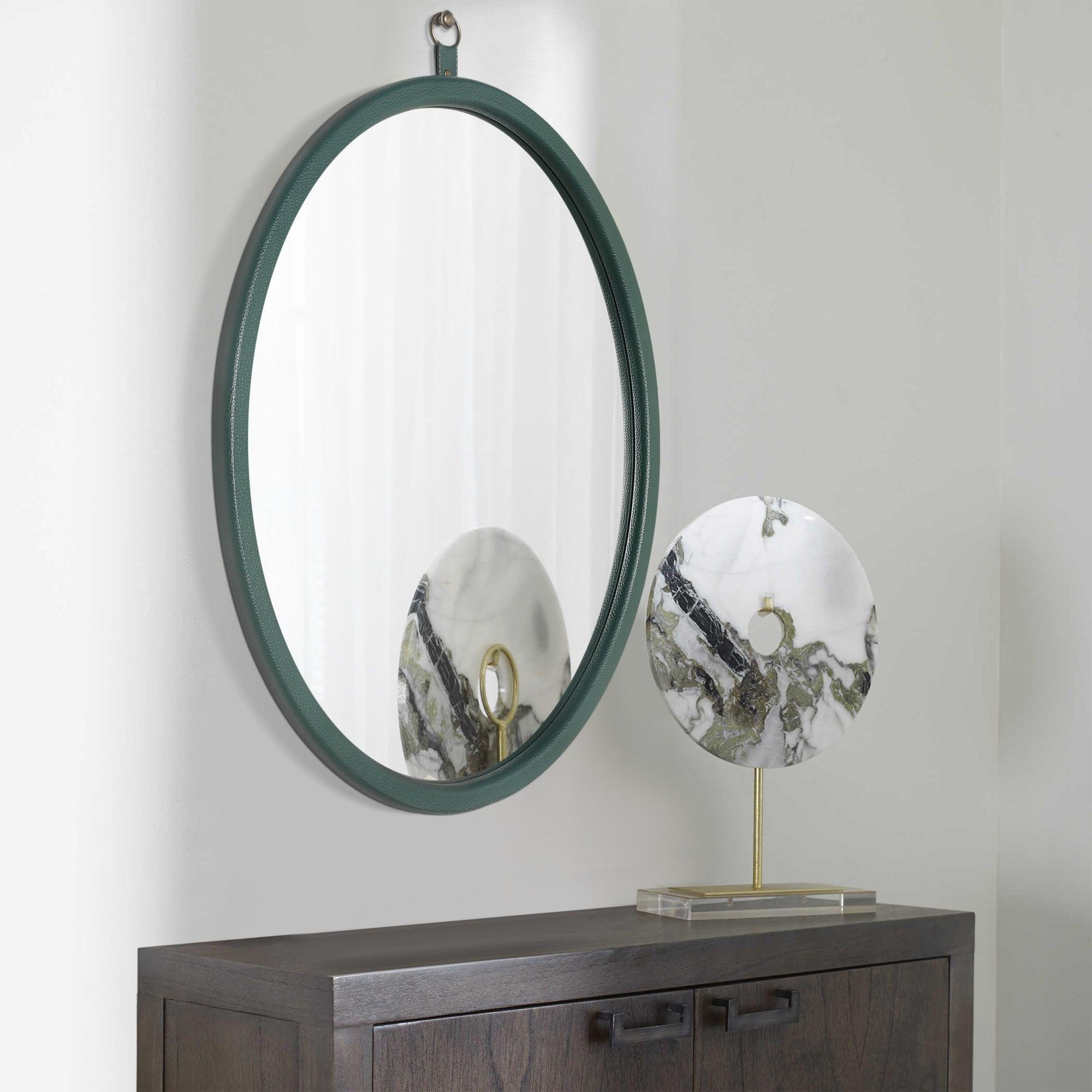 🆓🚛 Oval Green Decorative Wall Hanging Mirror, Pu Covered Mdf Framed Mirror for Bedroom Living Room Vanity Entryway Wall Decor, 23.62X29.92"