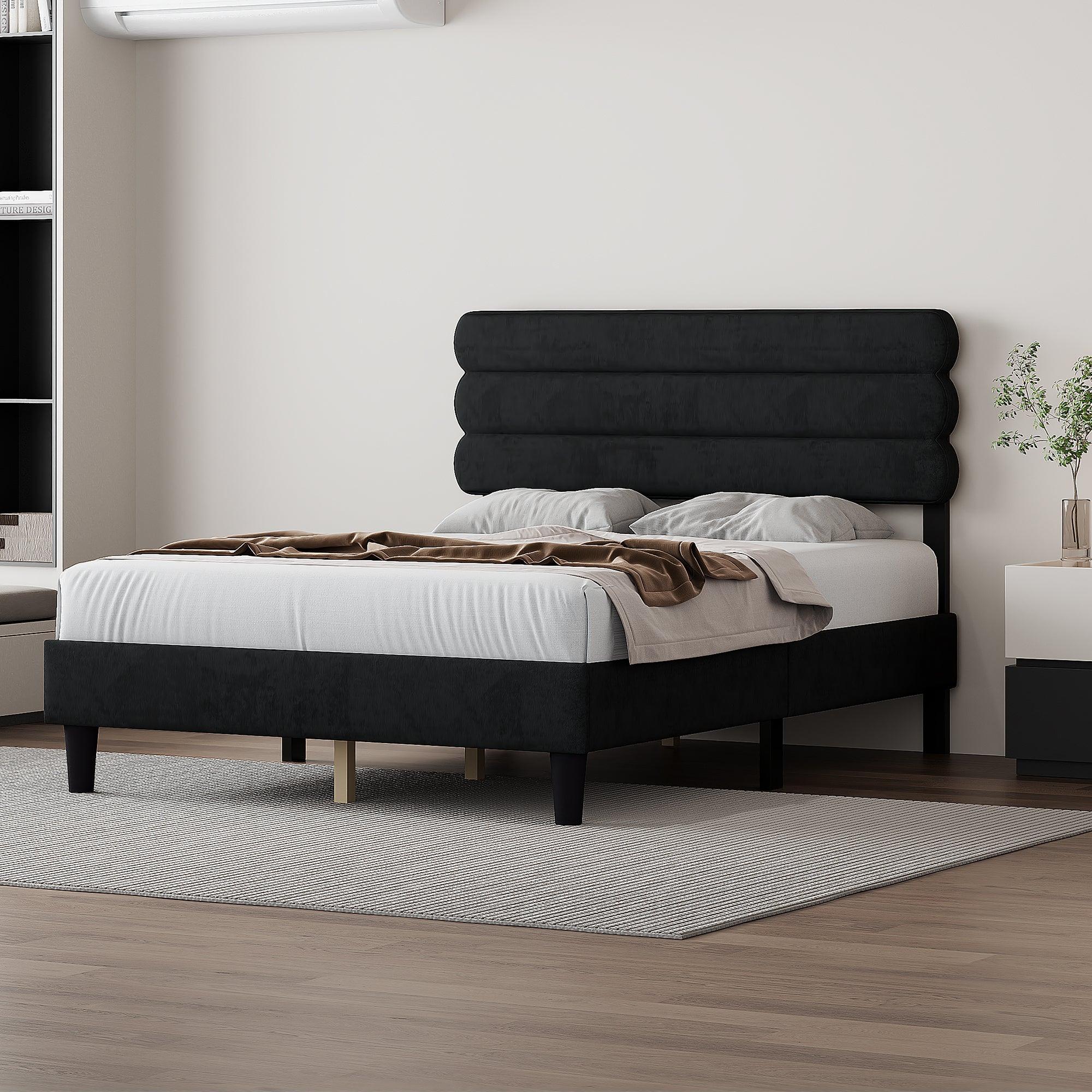 🆓🚛 Queen Bed Frame With Headboard, Sturdy Platform Bed With Wooden Slats Support, Easy Assembly, Dark Gray