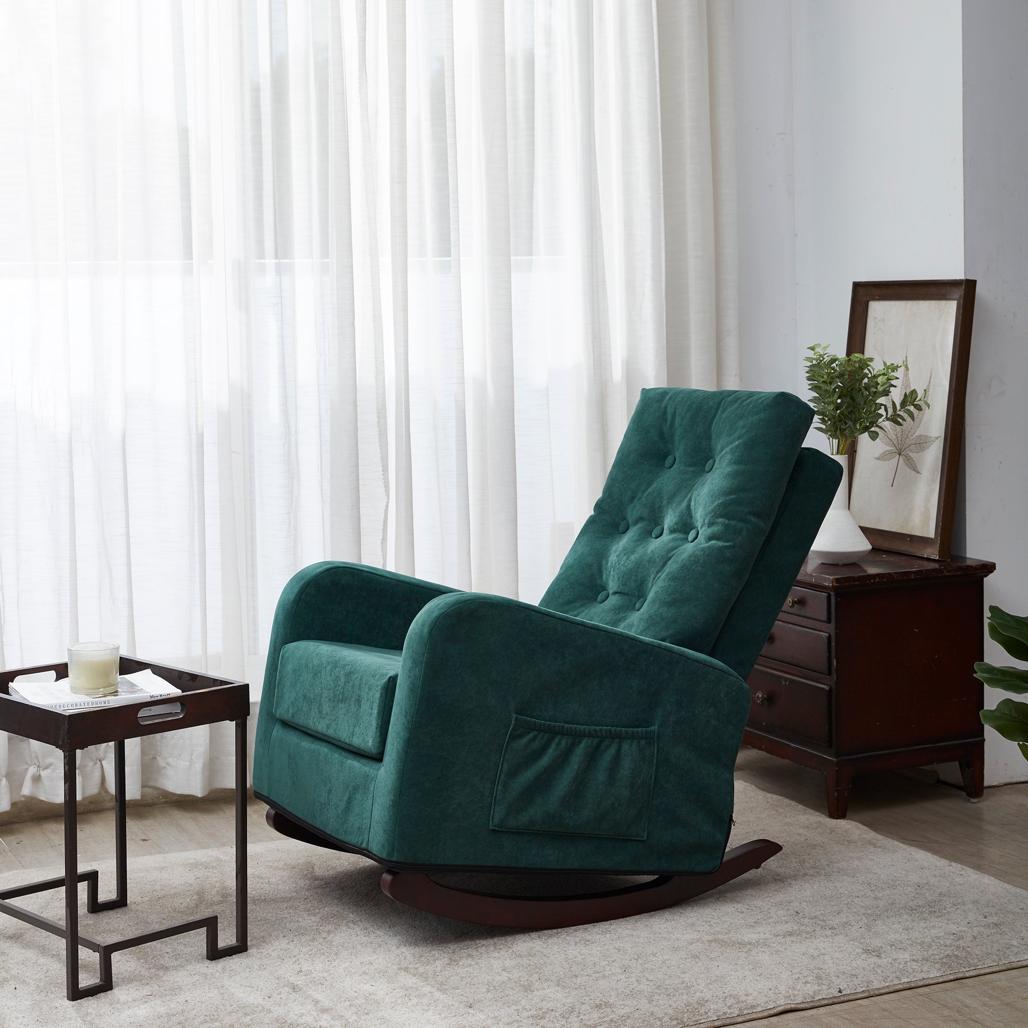 🆓🚛 Accent Rocking Chair Tv Chair Living Room Chair Modern High Back Armchair, Green