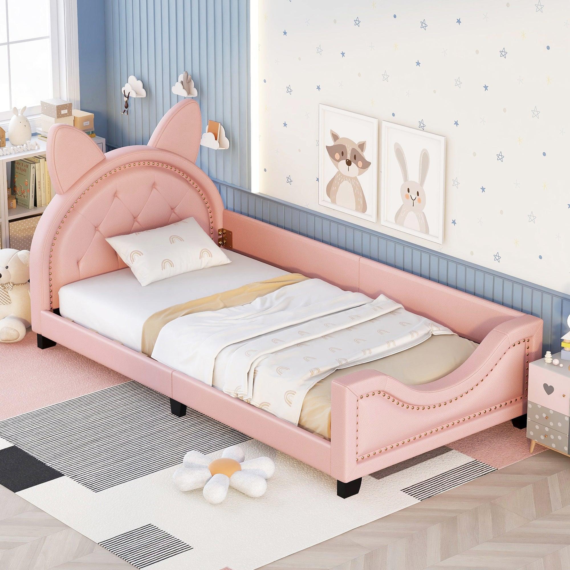 🆓🚛 Twin Size Upholstered Daybed With Carton Ears Shaped Headboard, Pink