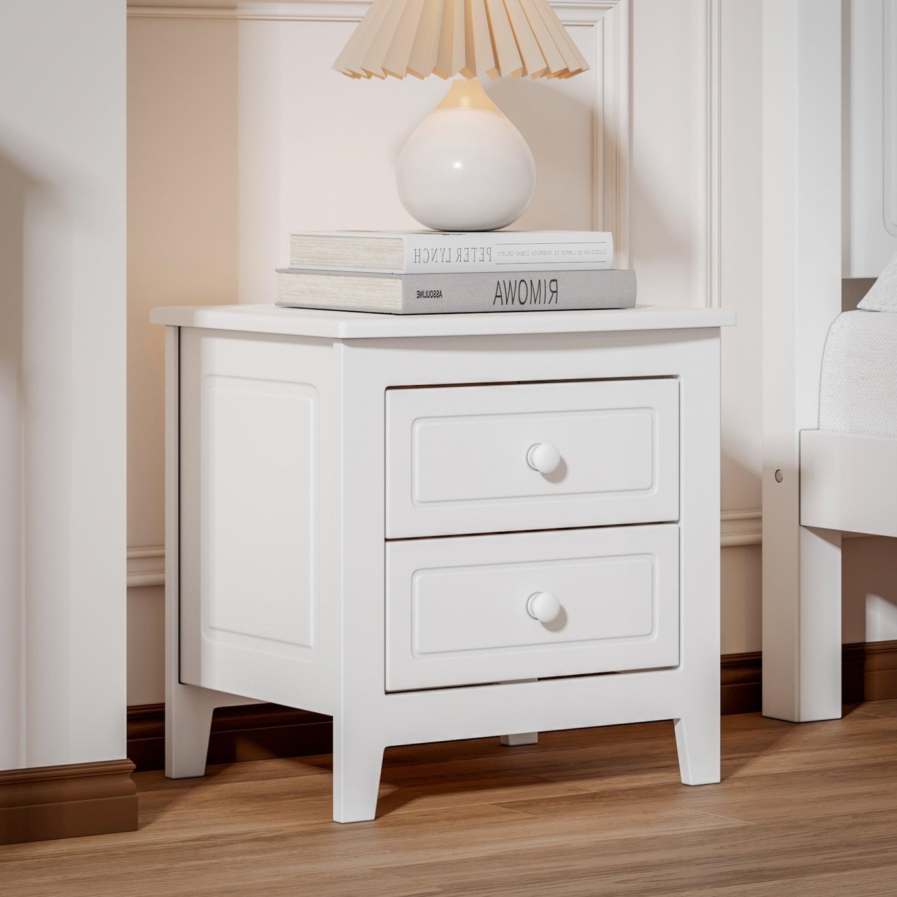 🆓🚛 2-Drawer Nightstand for Bedroom, Mid Century Retro Bedside Table With Classic Design, White