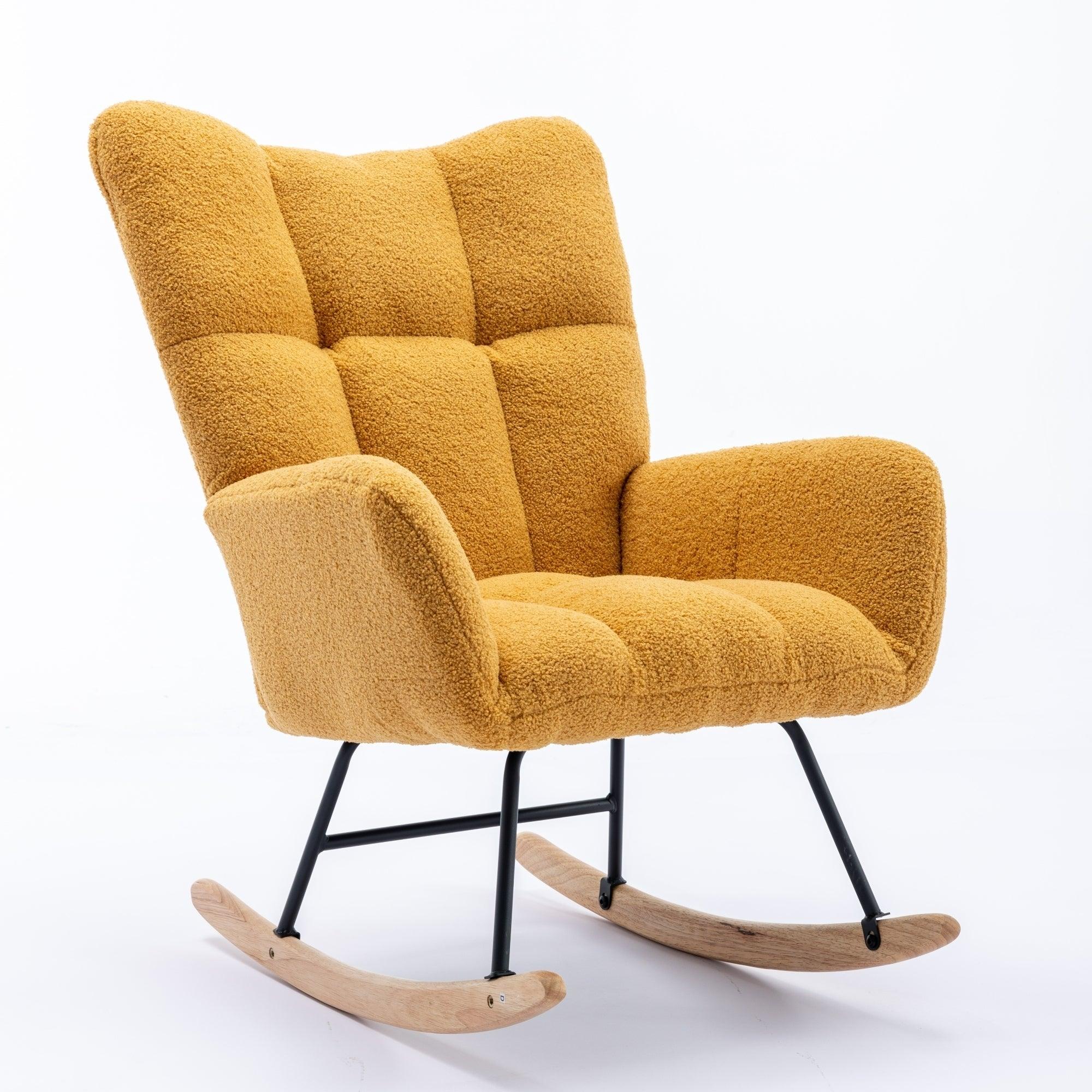 🆓🚛 Rocking Chair, Soft Teddy Velvet Fabric Rocking Chair for Nursery, Comfy Wingback Glider Rocker With Safe Solid Wood Base for Living Room Bedroom Balcony (Turmeric)