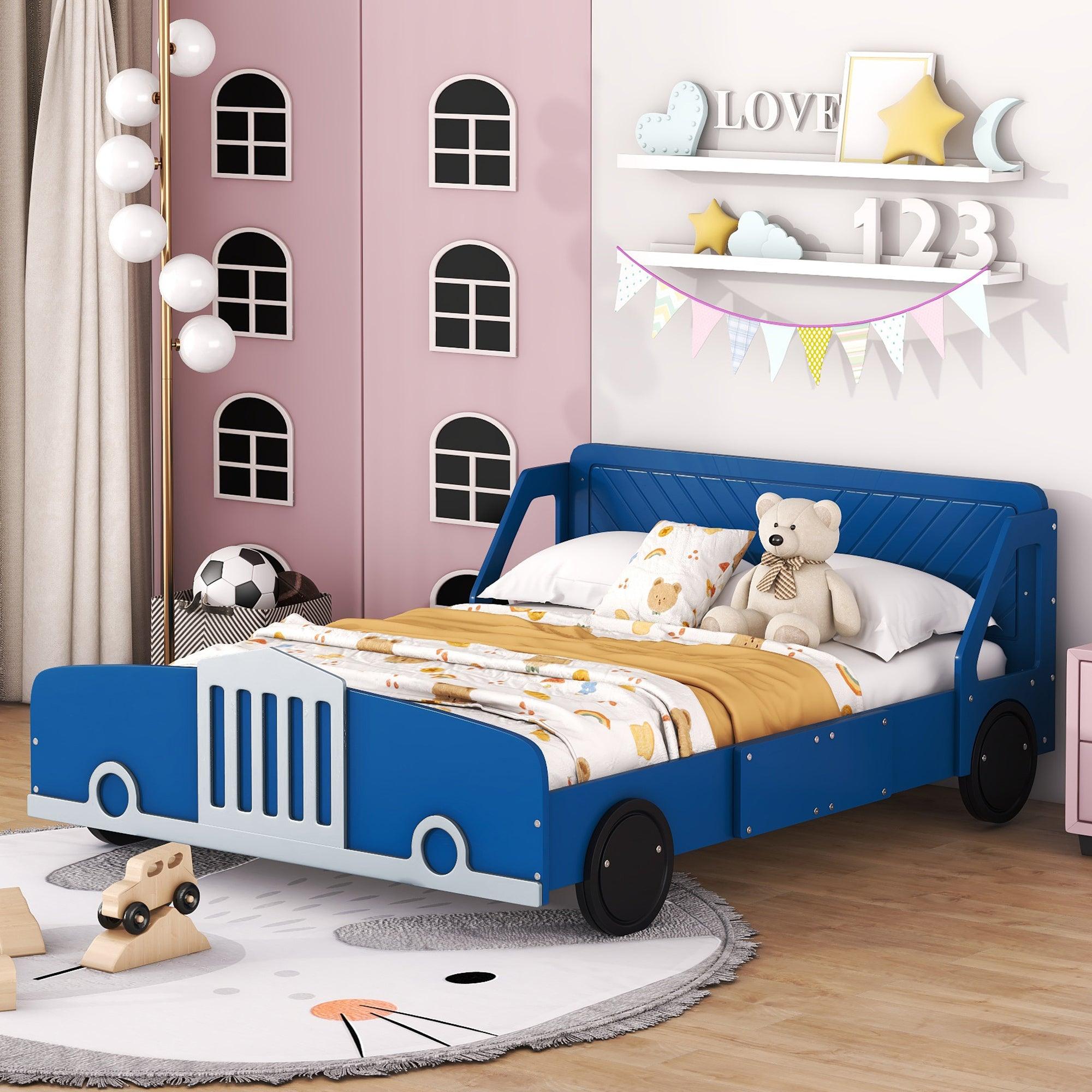 Full Size Car-Shaped Platform Bed with Wheels, Blue