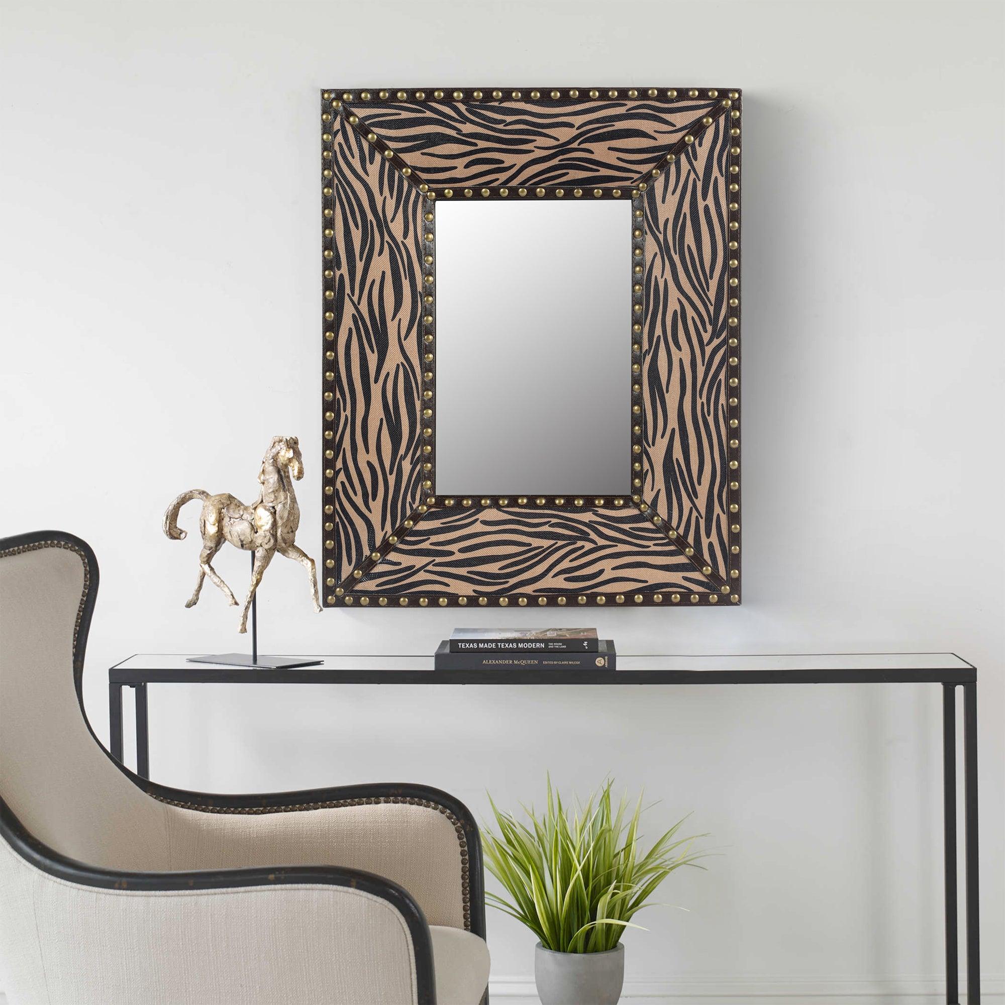 🆓🚛 Brown Zebra Rectangle Decorative Wall Hanging Mirror, Rivet Decoration, Fabric & Pu Covered Mdf Framed Mirror for Bedroom Living Room Vanity Entryway Wall Decor, 21X26"