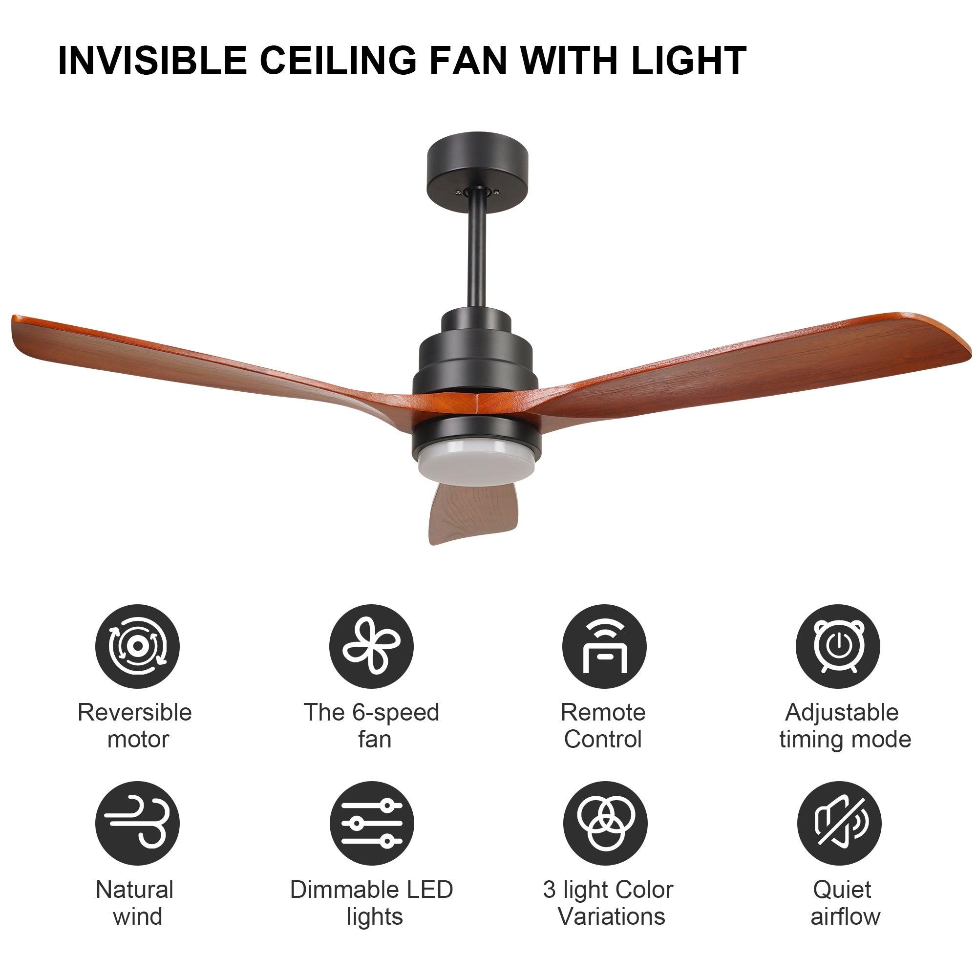 52" 6 Wooden Speed Ceiling Fan W/ Dimmable Led Lights & Remote Control