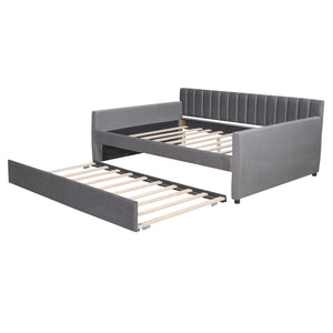 Full Size Upholstered Daybed With Trundle And Wood Slat Support, Gray