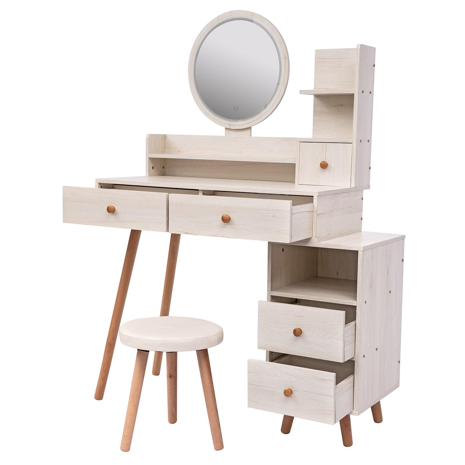 🆓🚛 Stylish Vanity Table + Cushioned Stool, Touch Control Led Mirror, Storage Cabinet, 5 Drawers