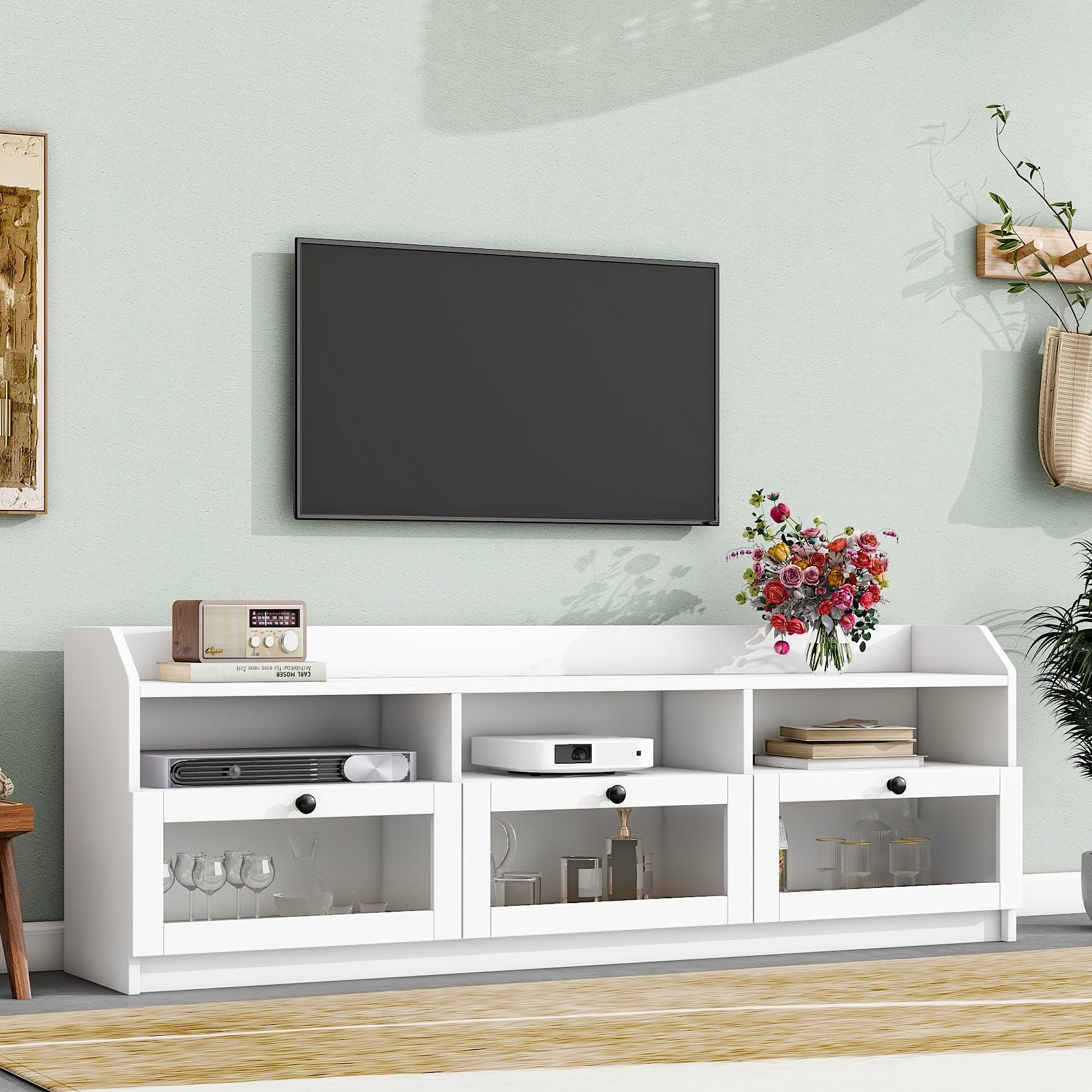 🆓🚛 Sleek & Modern Design Tv Stand With Acrylic Board Door, Chic Elegant Media Console for Tvs Up To 65", Ample Storage Space Tv Cabinet - White
