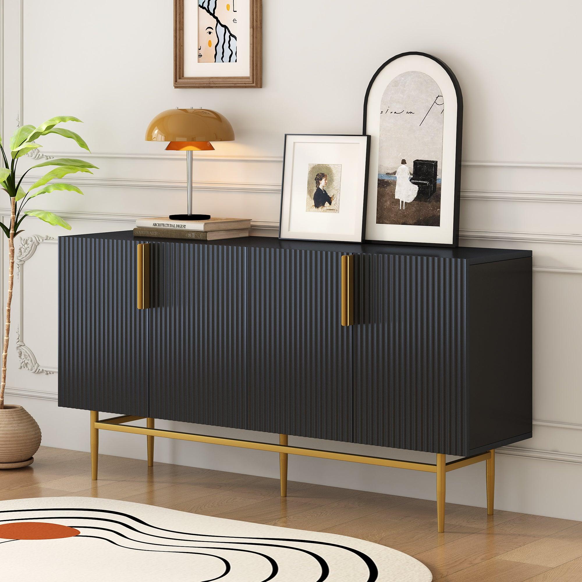 🆓🚛 Modern Elegant 4-Door Sideboard Gold Metal Handle Buffet Cabinet for Dining Room, Living Room, Bedroom, Hallway (Black)