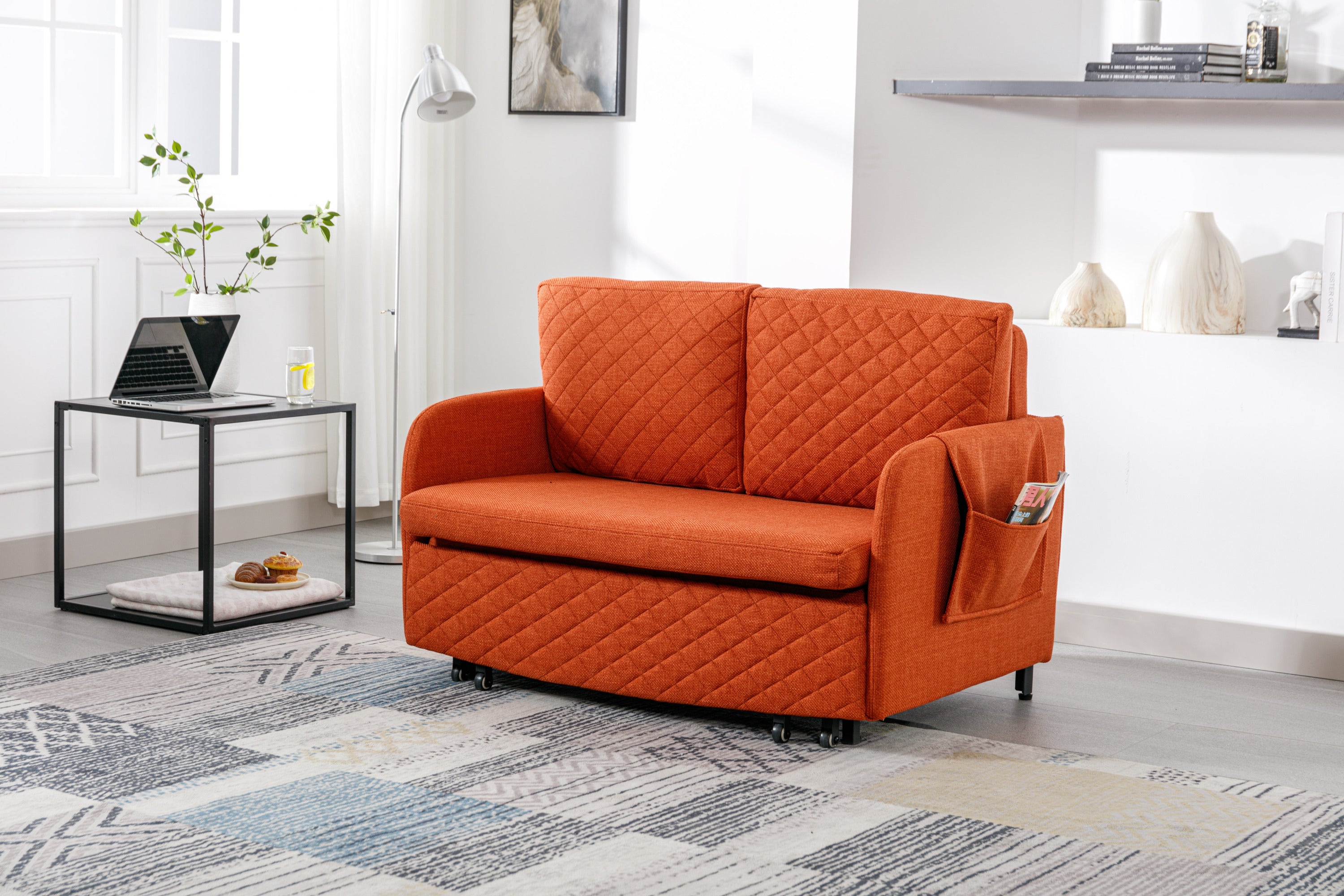 🆓🚛 Convertible Sleeper Sofa Bed, Modern Velvet Loveseat Couch With Pull Out Bed, 2 Pillows & Side Pockets for Living Room, Orange