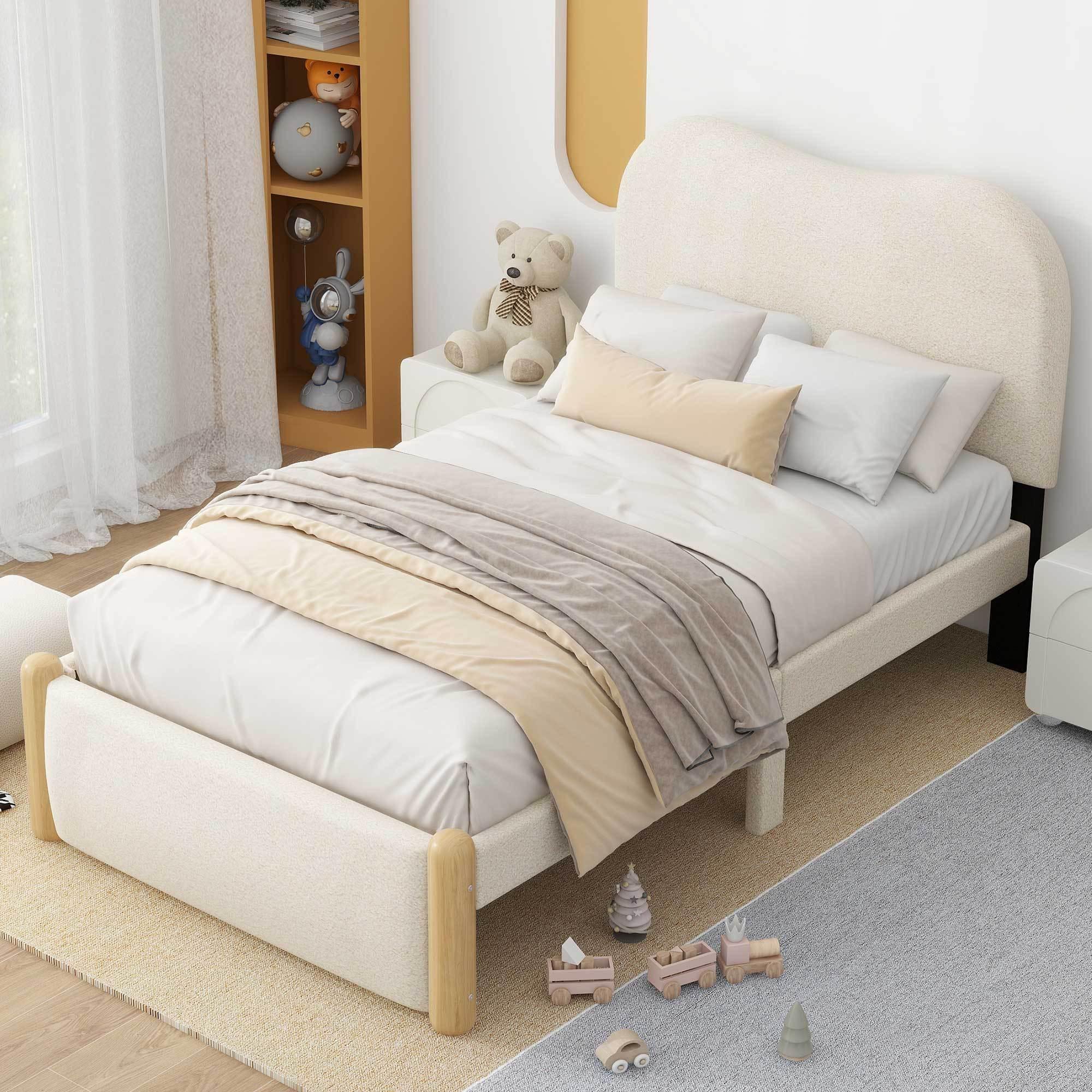 🆓🚛 Twin Size Upholstered Platform Bed With Wood Supporting Feet, Beige