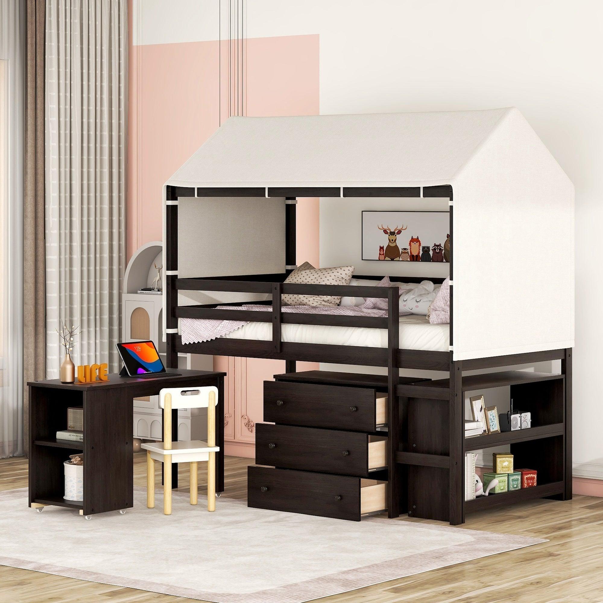 🆓🚛 Twin Size Loft Bed With Rolling Cabinet, Shelf & Tent - Espresso