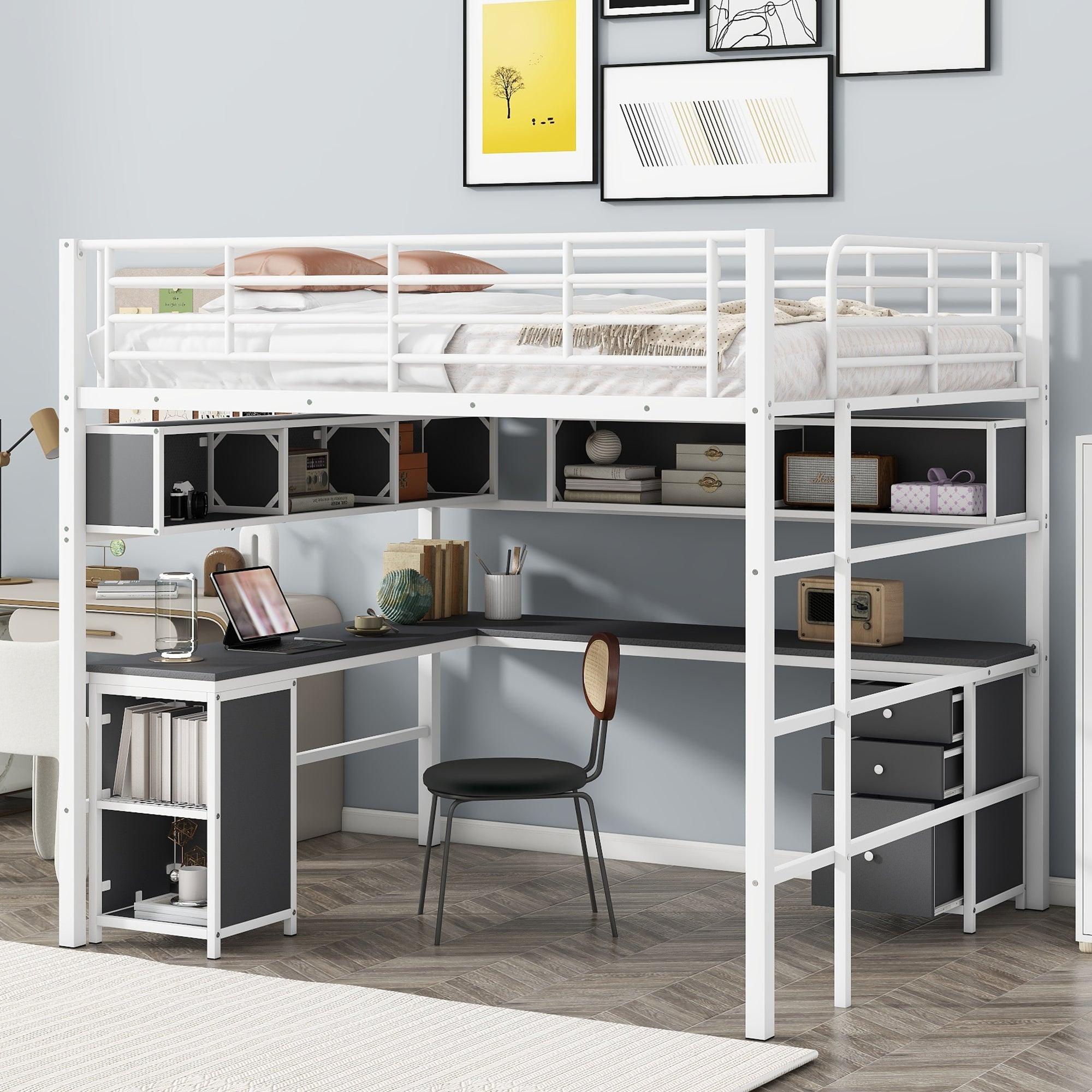 🆓🚛 Metal Loft Bed With Bookcase, Desk & Cabinet, Full, White