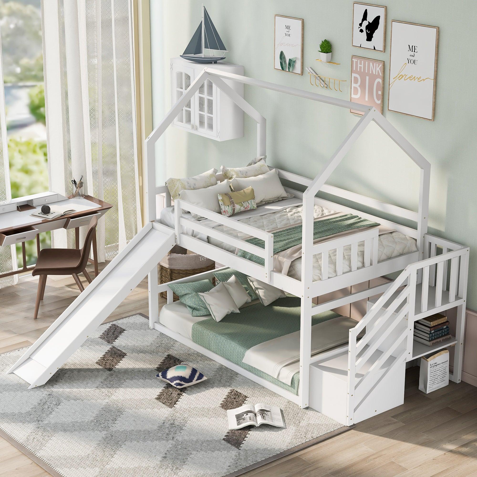 🆓🚛 Twin Over Twin House Bunk Bed With Convertible Slide, Storage Staircase, White