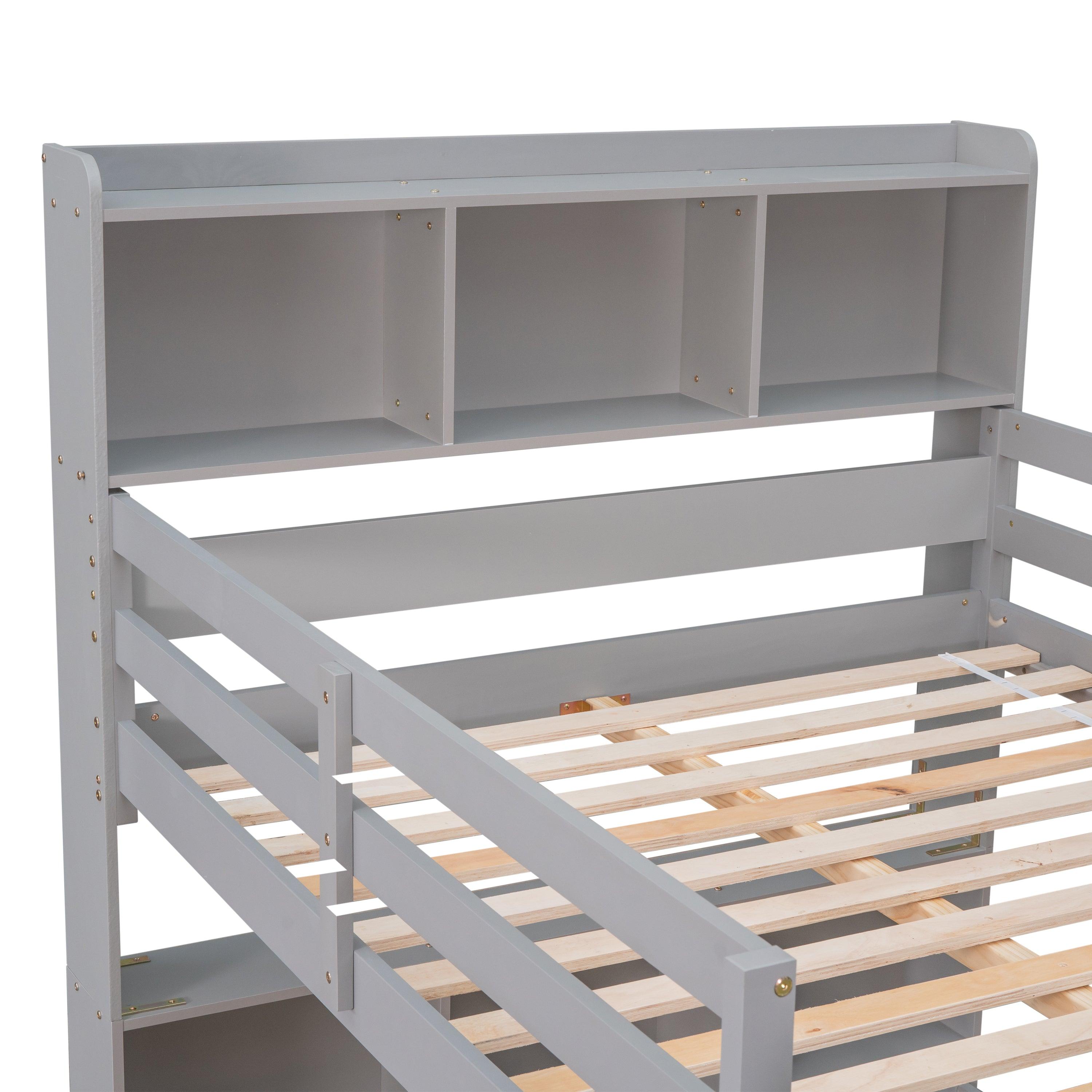 Full Over Full Bunk Beds With Bookcase Headboard, Safety Rail And Ladder, Kids/Teens Bedroom, Grey