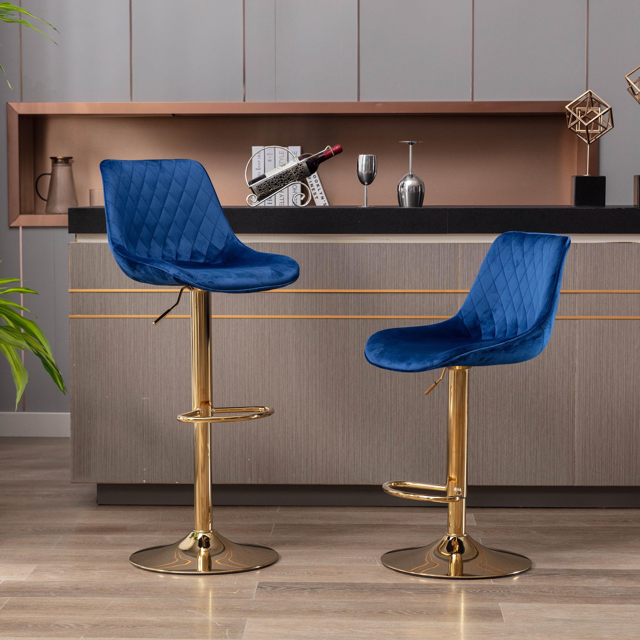 🆓🚛 Set Of 2 Bar Stools, With Chrome Footrest & Base Swivel Height Adjustable Mechanical Lifting Velvet + Golden Leg Simple Bar Stool-Blue