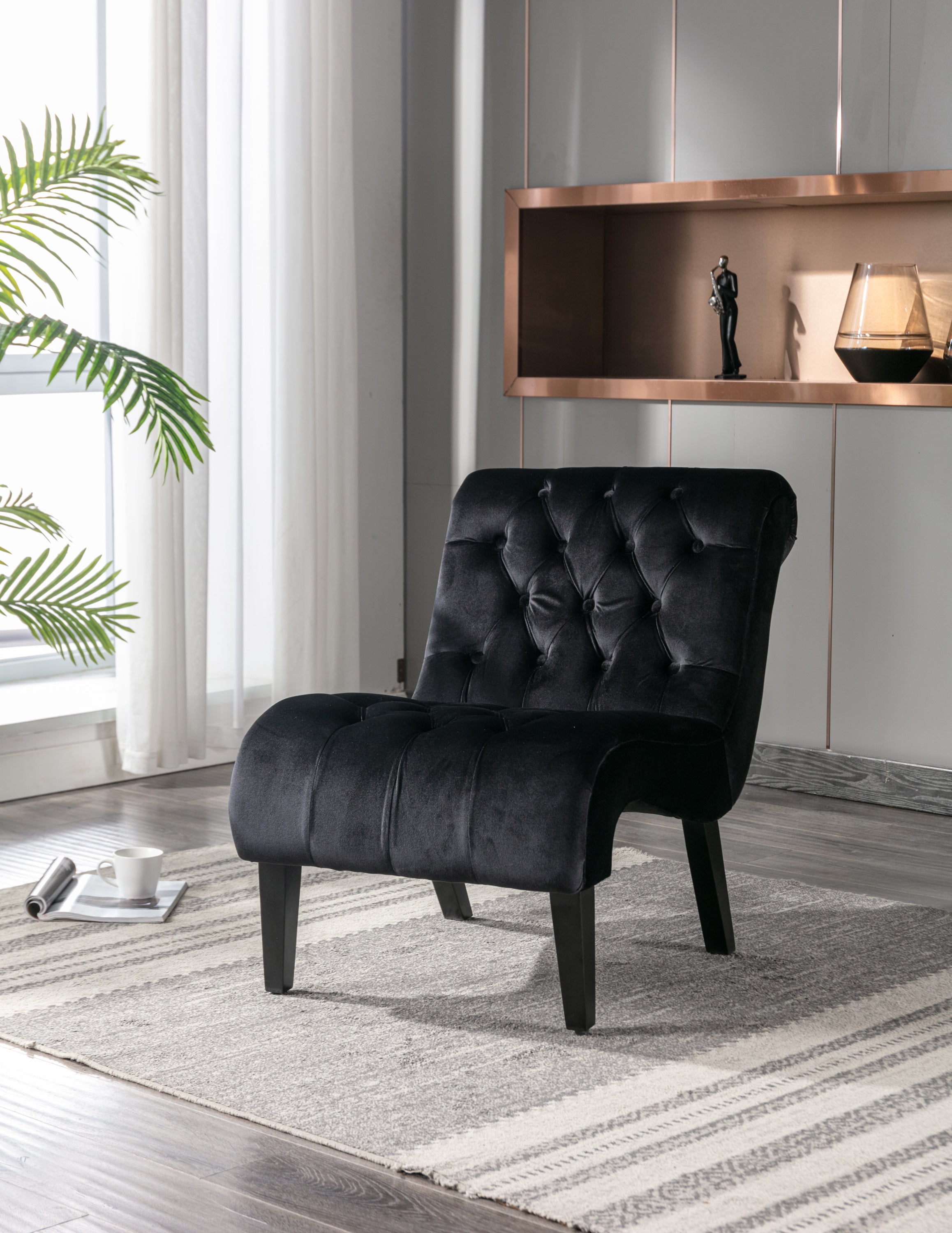 🆓🚛 Armless Living Room Chair with Curved Backrest, Black