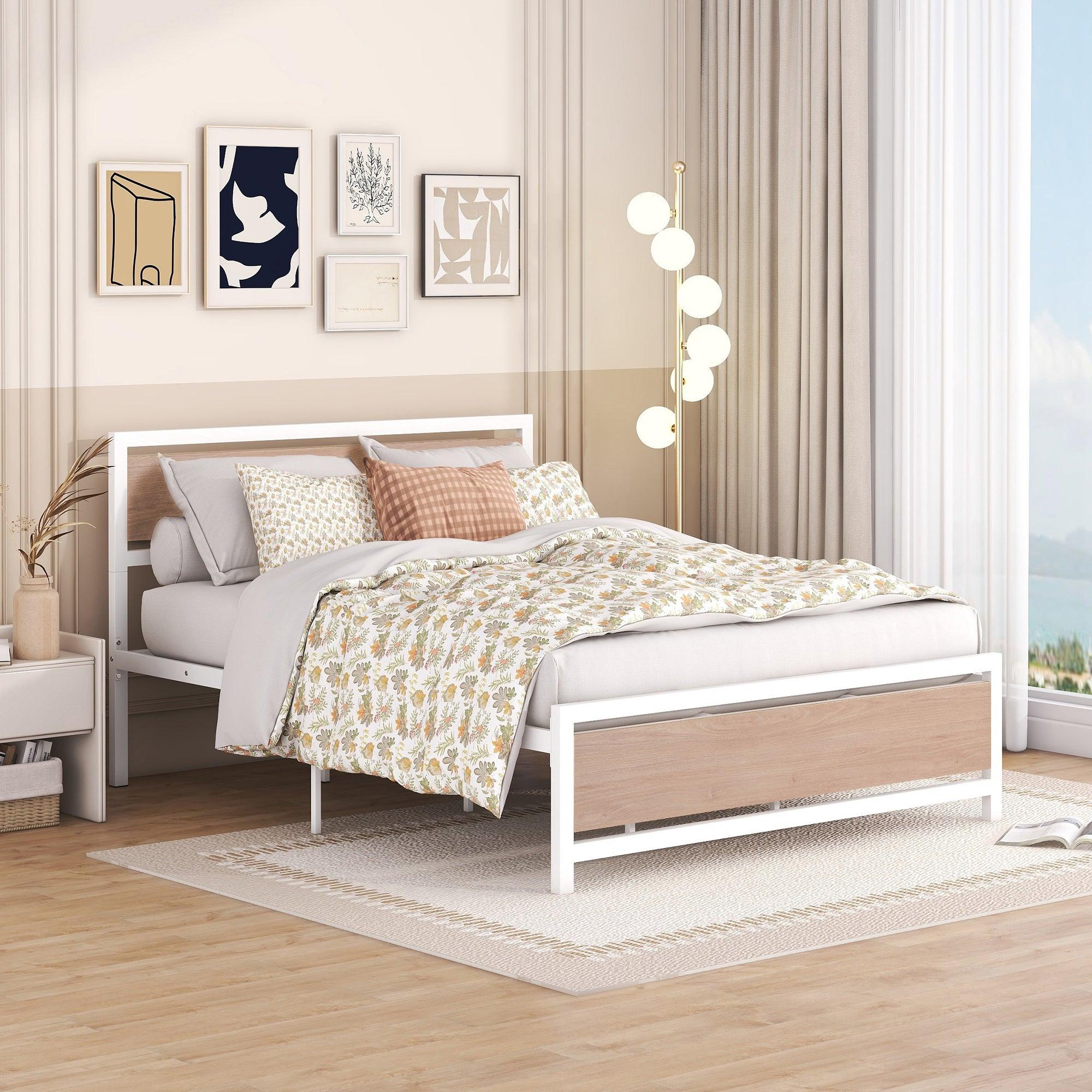 🆓🚛 Queen Size Platform Bed, Metal & Wood Bed Frame With Headboard & Footboard, White