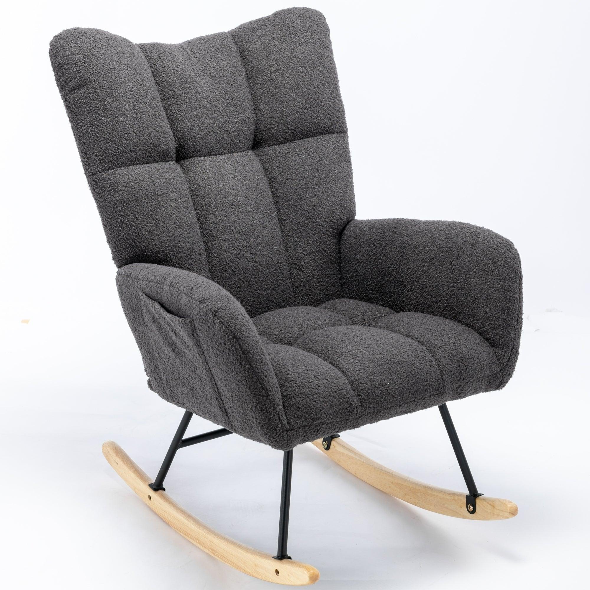 Rocking Chair, Soft Teddy Velvet Fabric Rocking Chair for Nursery, Comfy Wingback Glider Rocker With Safe Solid Wood Base for Living Room Bedroom Balcony (Gray)