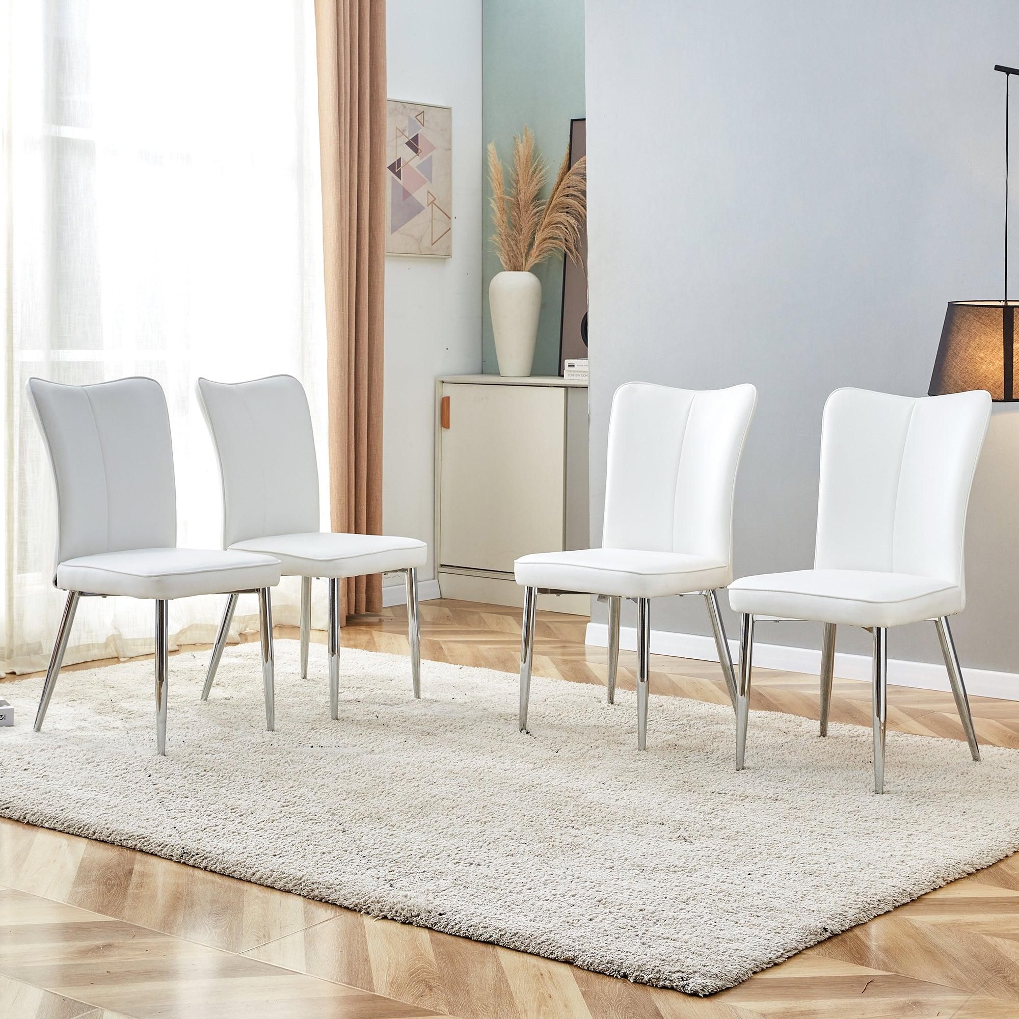 🆓🚛 Modern Minimalist Dining Chairs, Office Chairs 4-Piece Set Of White Pu Seats With Silver Metal Legs Suitable for Restaurants, Living Rooms, & Offices.