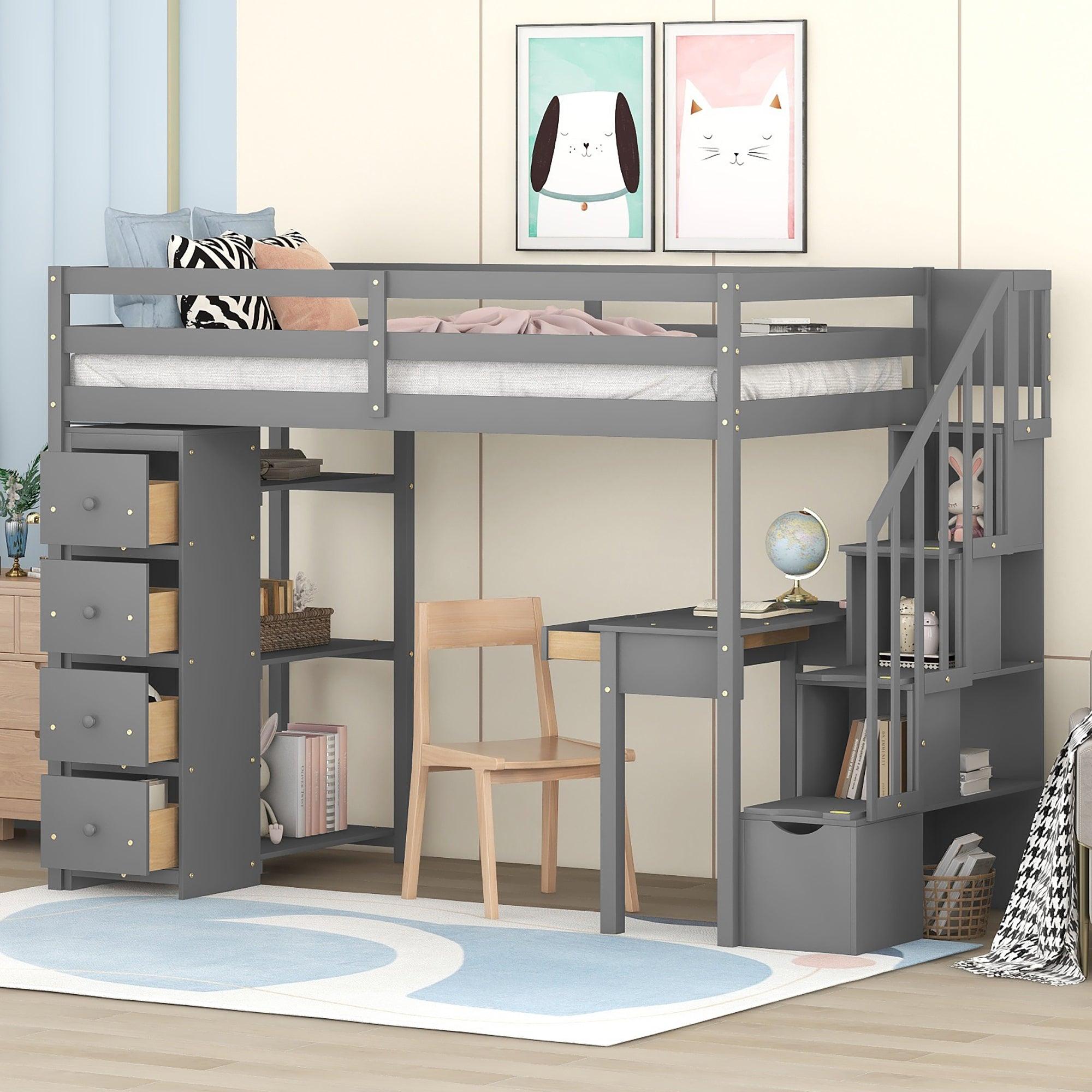 🆓🚛 Twin Size Loft Bed With Storage Drawers, Desk & Stairs, Wooden Loft Bed With Shelves, Gray