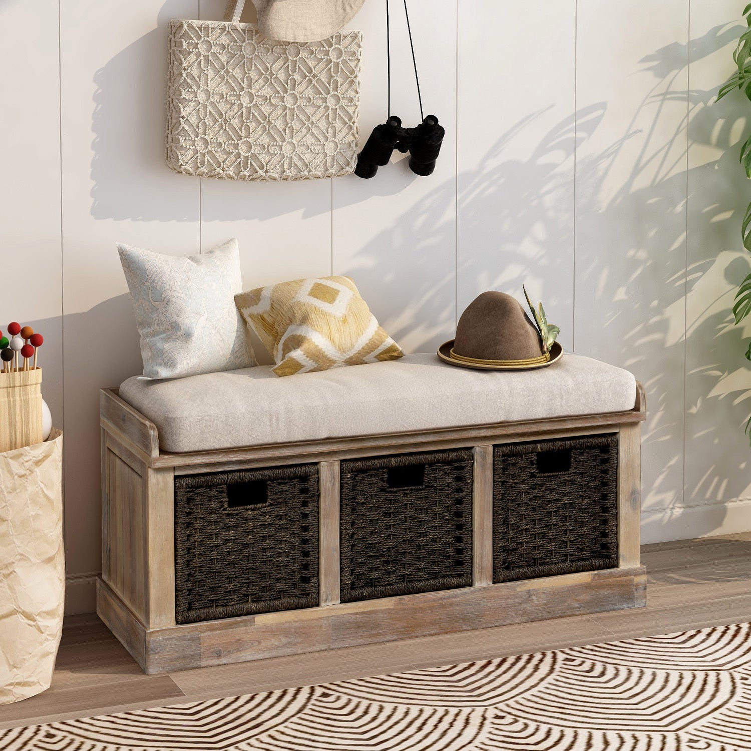 🆓🚛 Rustic Storage Bench With 3 Removable Classic Rattan Basket, Entryway Bench With Removable Cushion (White Washed)