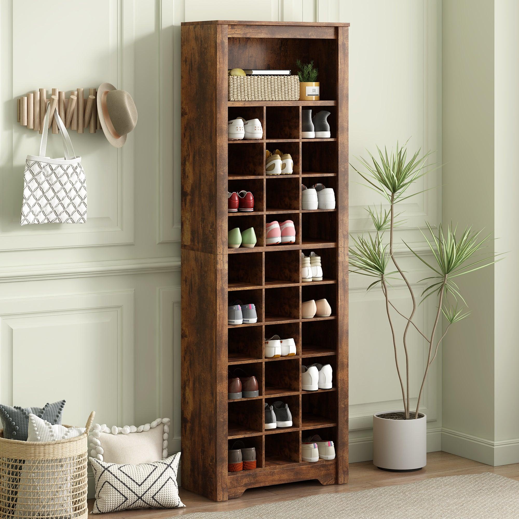 🆓🚛 Stylish Design 30 Shoe Cubby Console, Contemporary Shoe Cabinet With Multiple Storage Capacity, for Hallway & Bedroom - Rustic Brown