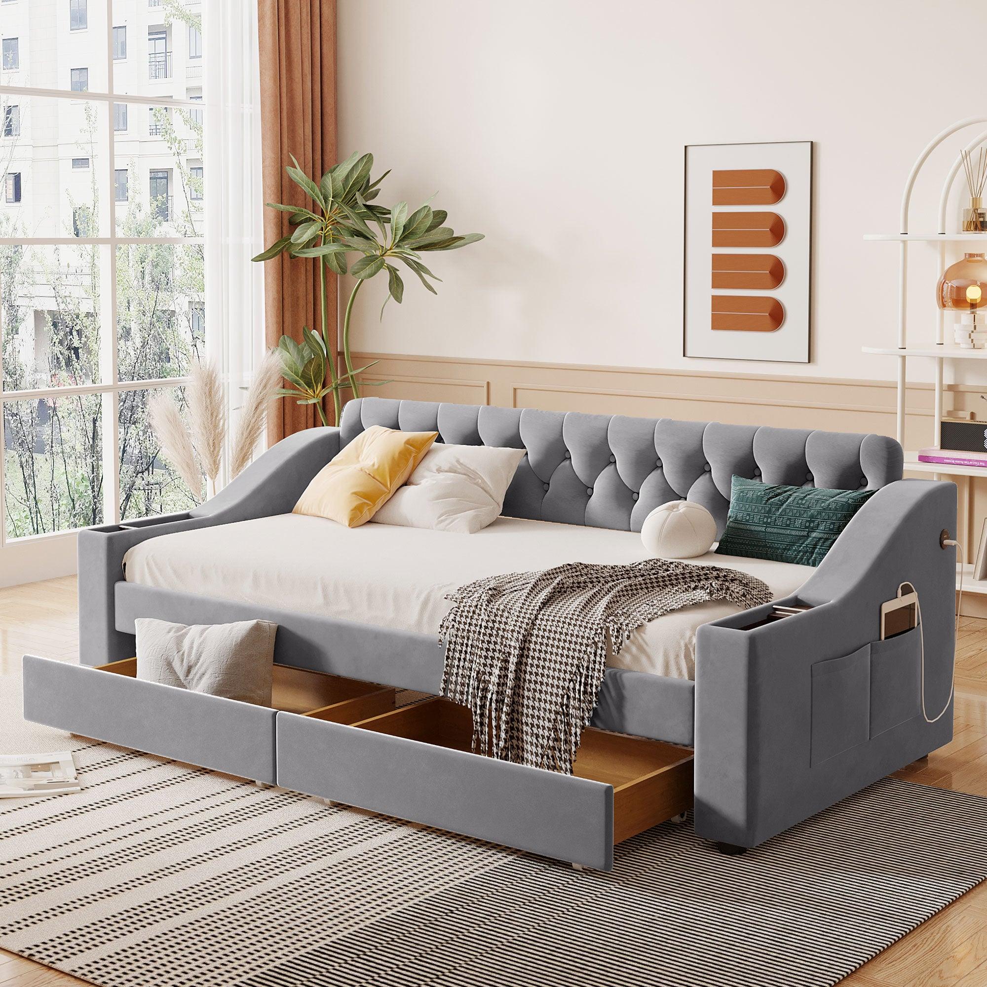 🆓🚛 Twin Size Upholstered Daybed With Storage Armrests & Usb Port, Gray