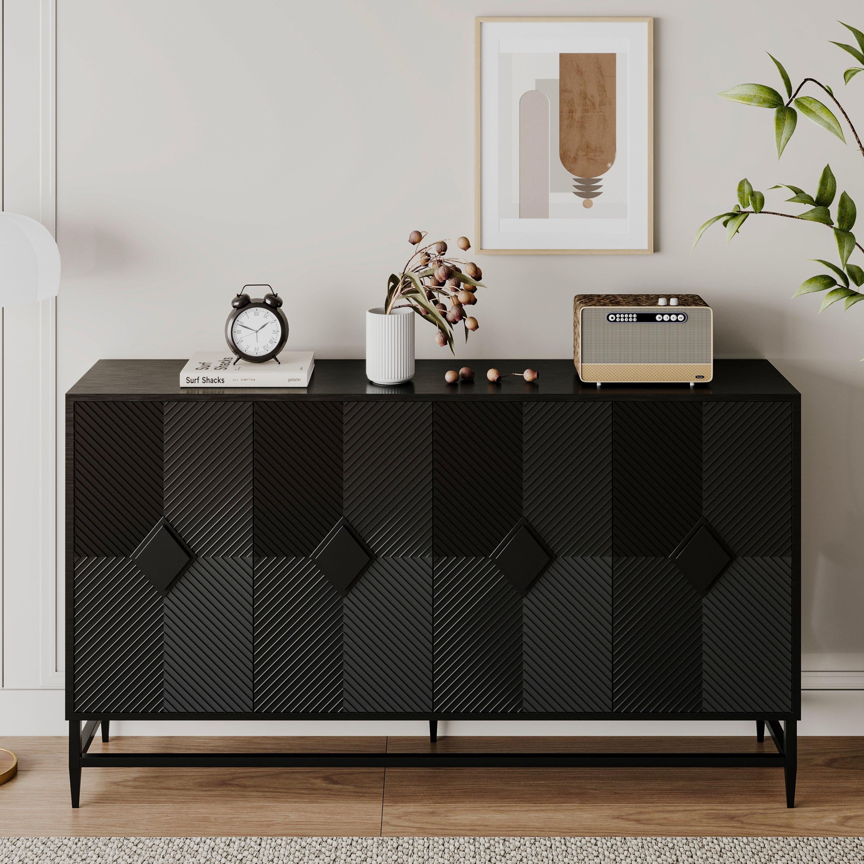 🆓🚛 Accent Black Lacquered 4 Door Wooden Cabinet Sideboard Buffet Server Cabinet Storage Cabinet, for Living Room, Entryway, Hallway, Office, Kitchen & Dining Room