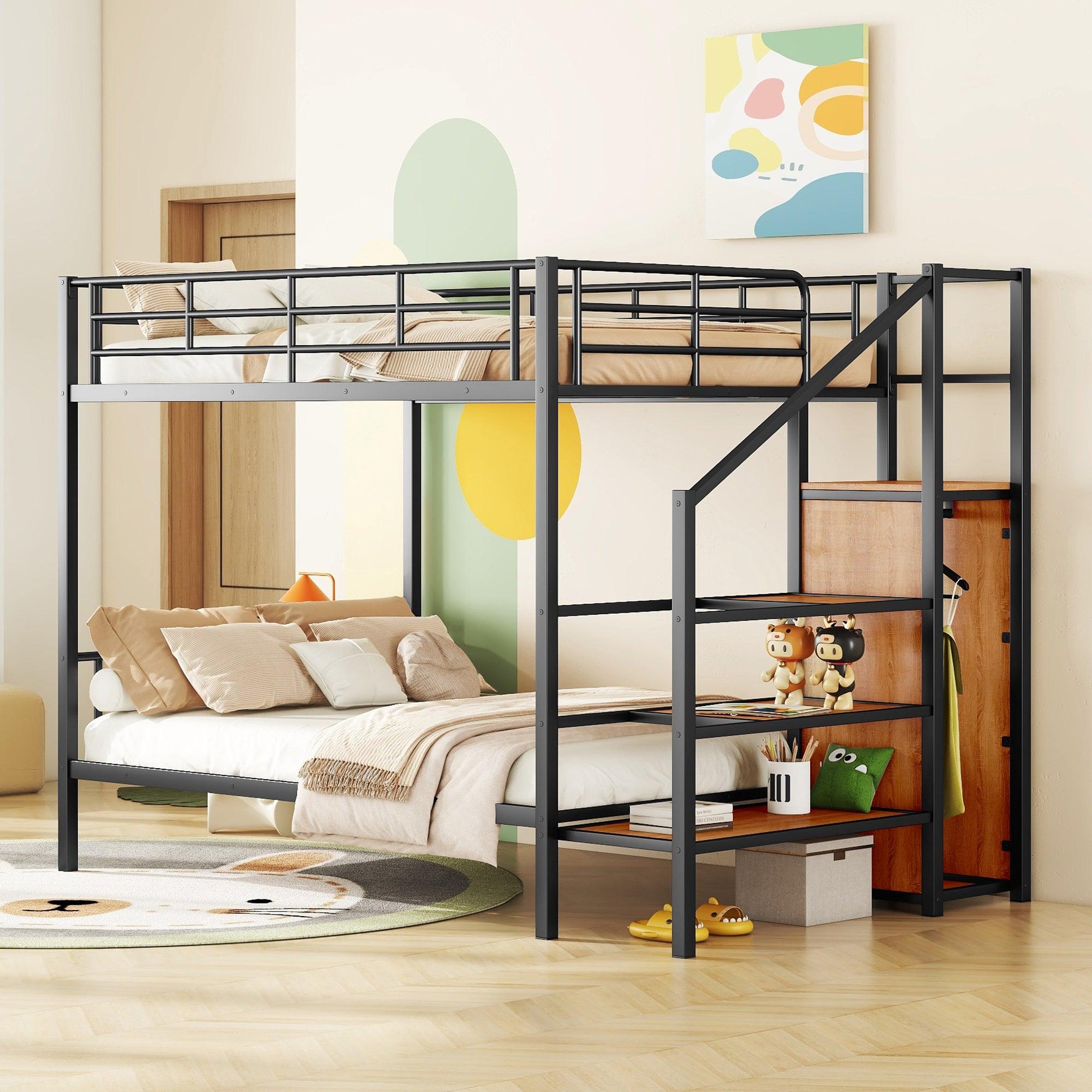 🆓🚛 Full Over Full Metal Bunk Bed With Lateral Storage Ladder & Wardrobe, Black