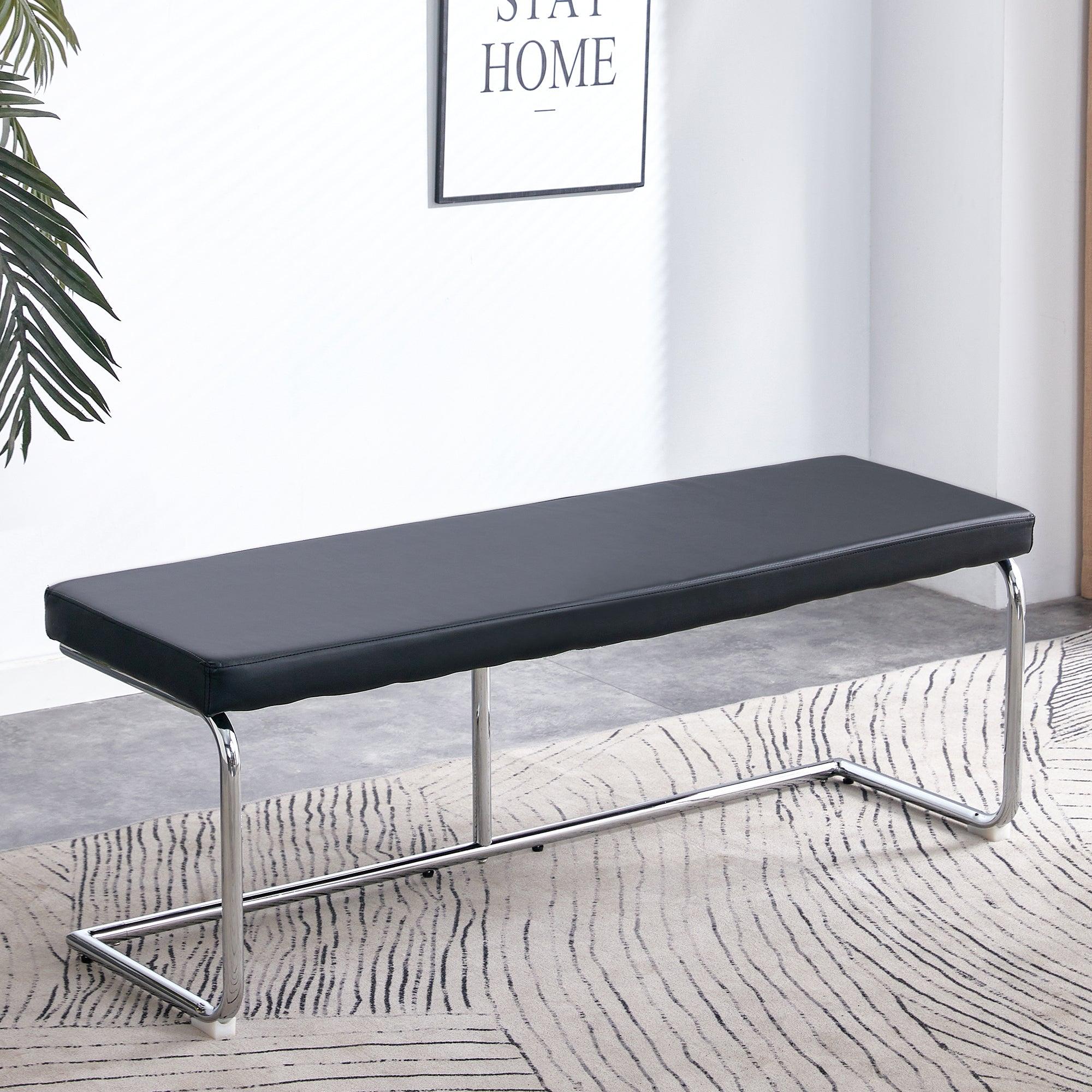 🆓🚛 51.6" Decorative Stainless Steel Contemporary Bench in Faux Leather Entryway Bench, Black