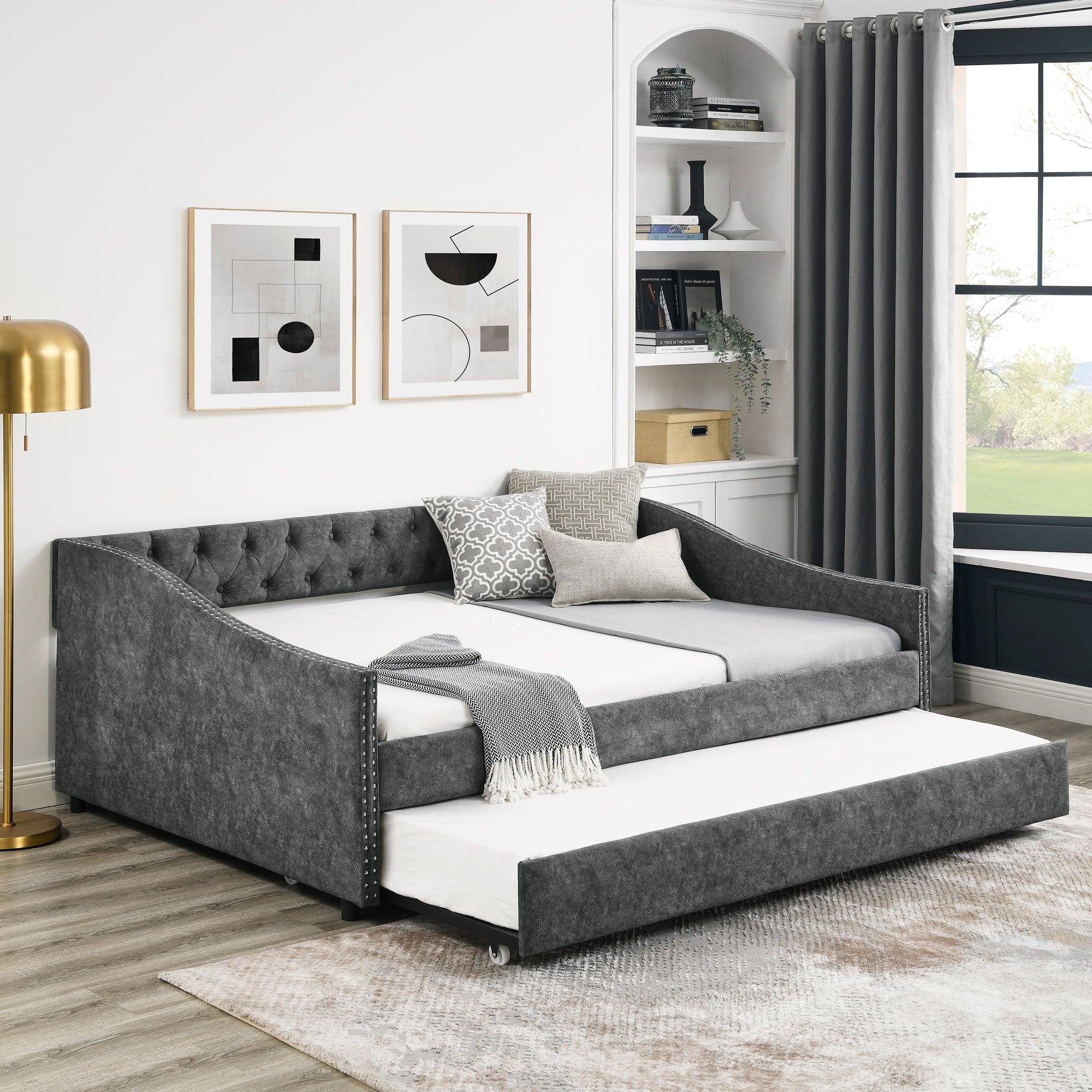 Full Size Daybed With Twin Size Trundle Upholstered Tufted Sofa Bed, With Button On Back And Copper Nail On Waved Shape Arms, Grey (80.5" X55.5" X27.5" )