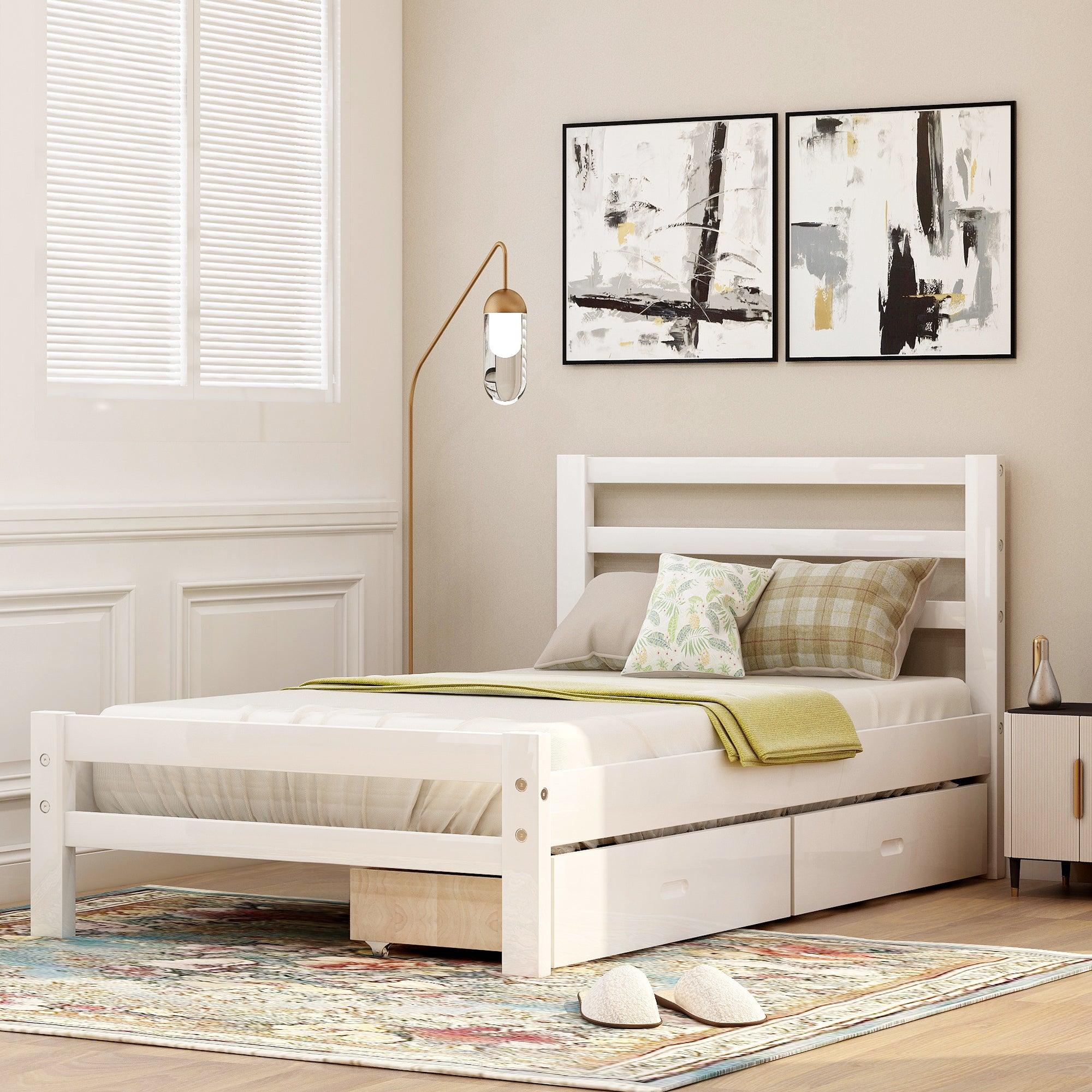🆓🚛 Wood Platform Bed With Two Drawers, Twin, White